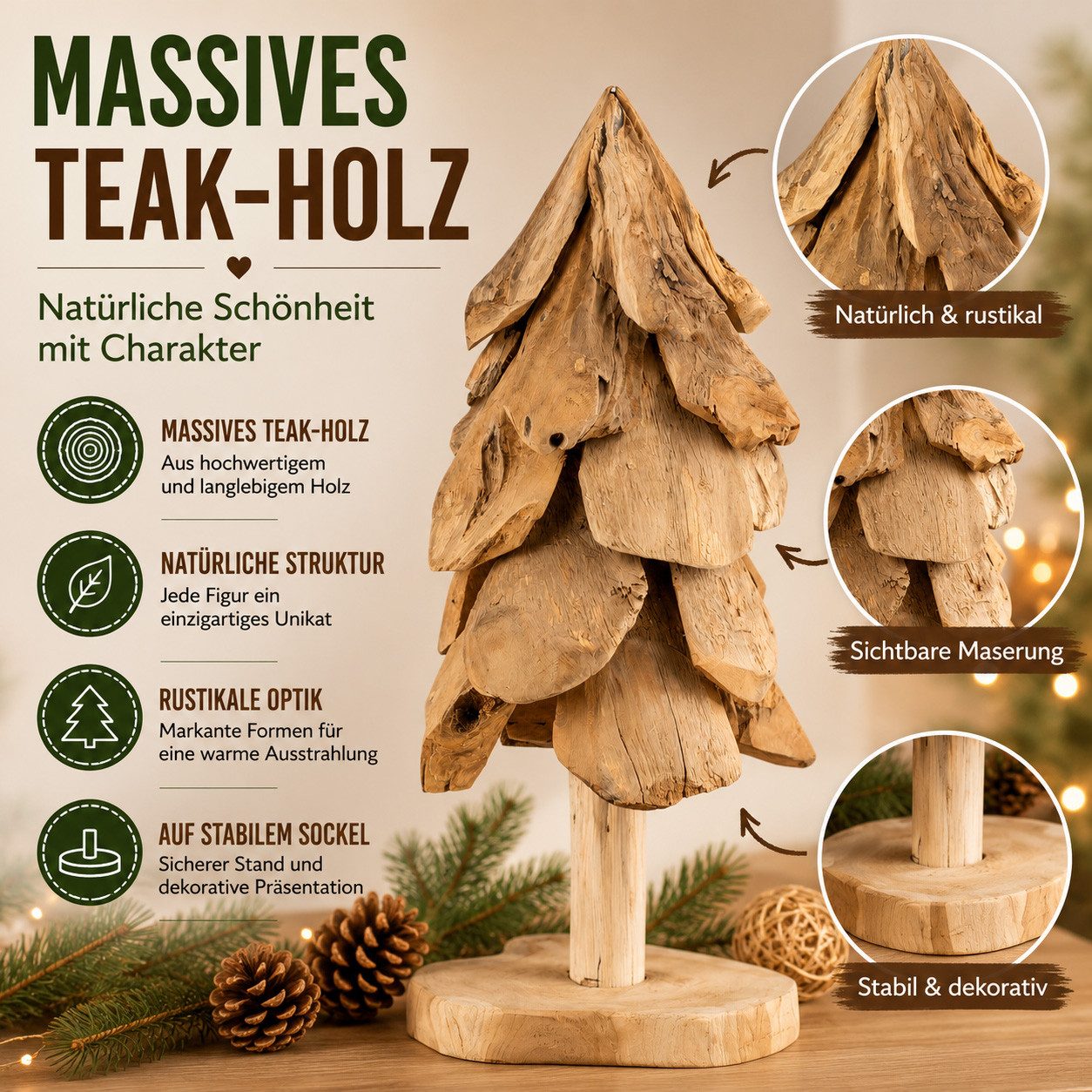 formano Dekofigur Holz Weihnachtsbaum aus Teak-Holz auf Sockel, 60 cm Weihnachtsdeko