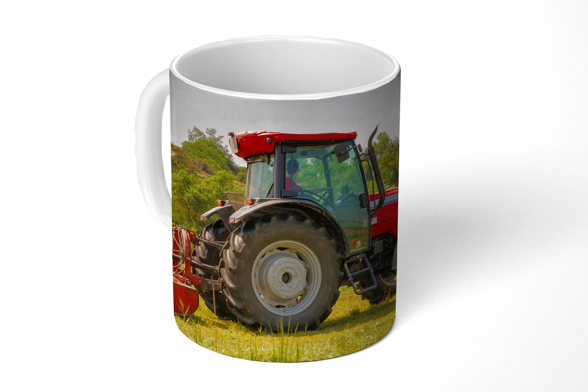 MuchoWow Tasse Traktor - Rot - Natur - Grün - Landleben, 1-tlg., Keramik, Kaffeetassen, Teetasse, Becher, Kaffeebecher, Geschenk