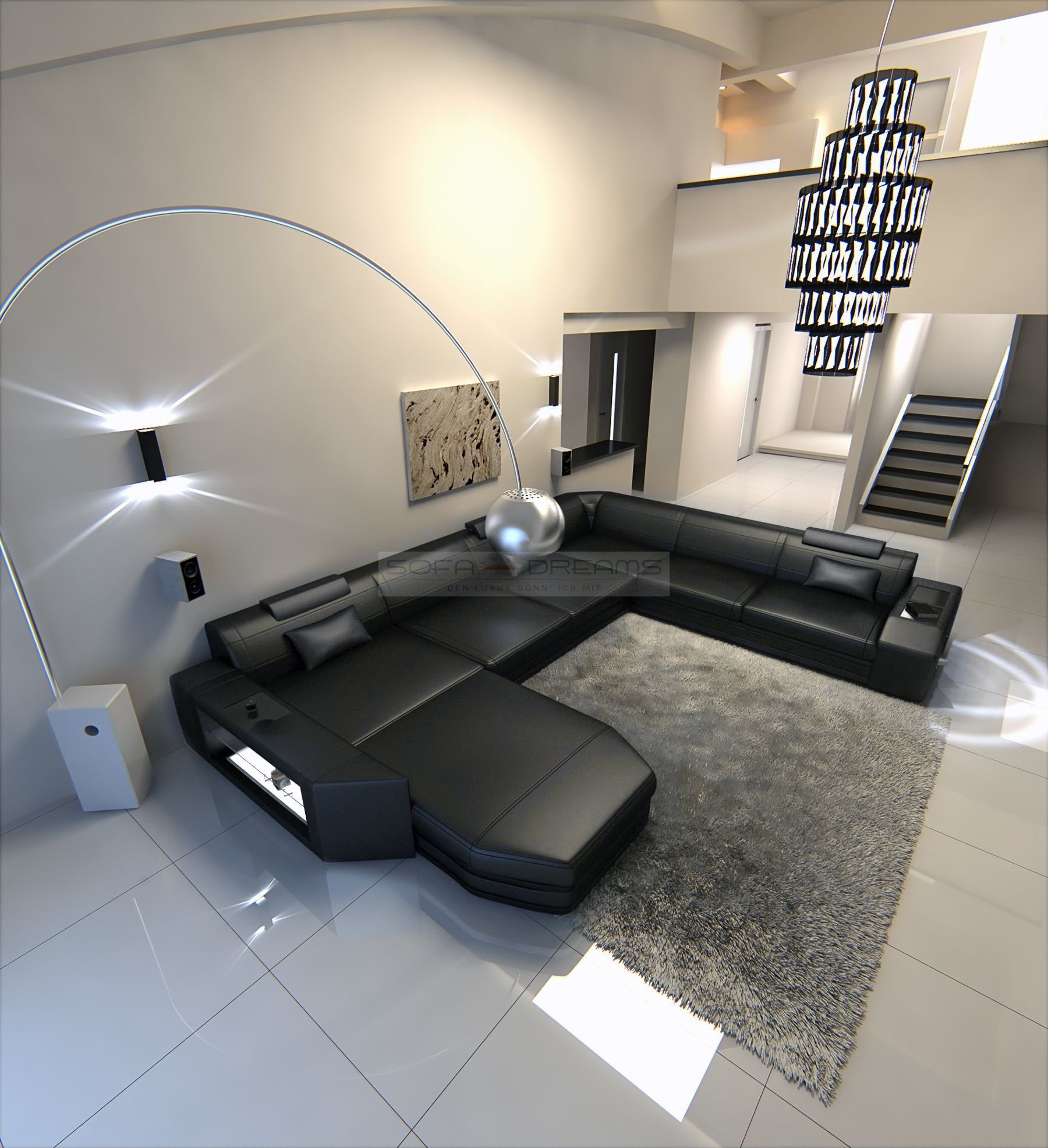 Sofa Dreams Wohnlandschaft Prato XXL Mini Leder, Designersofa, Ottomane, LED, verstellbare Kopfstützen, USB, 6-Sitzer, Designcouch