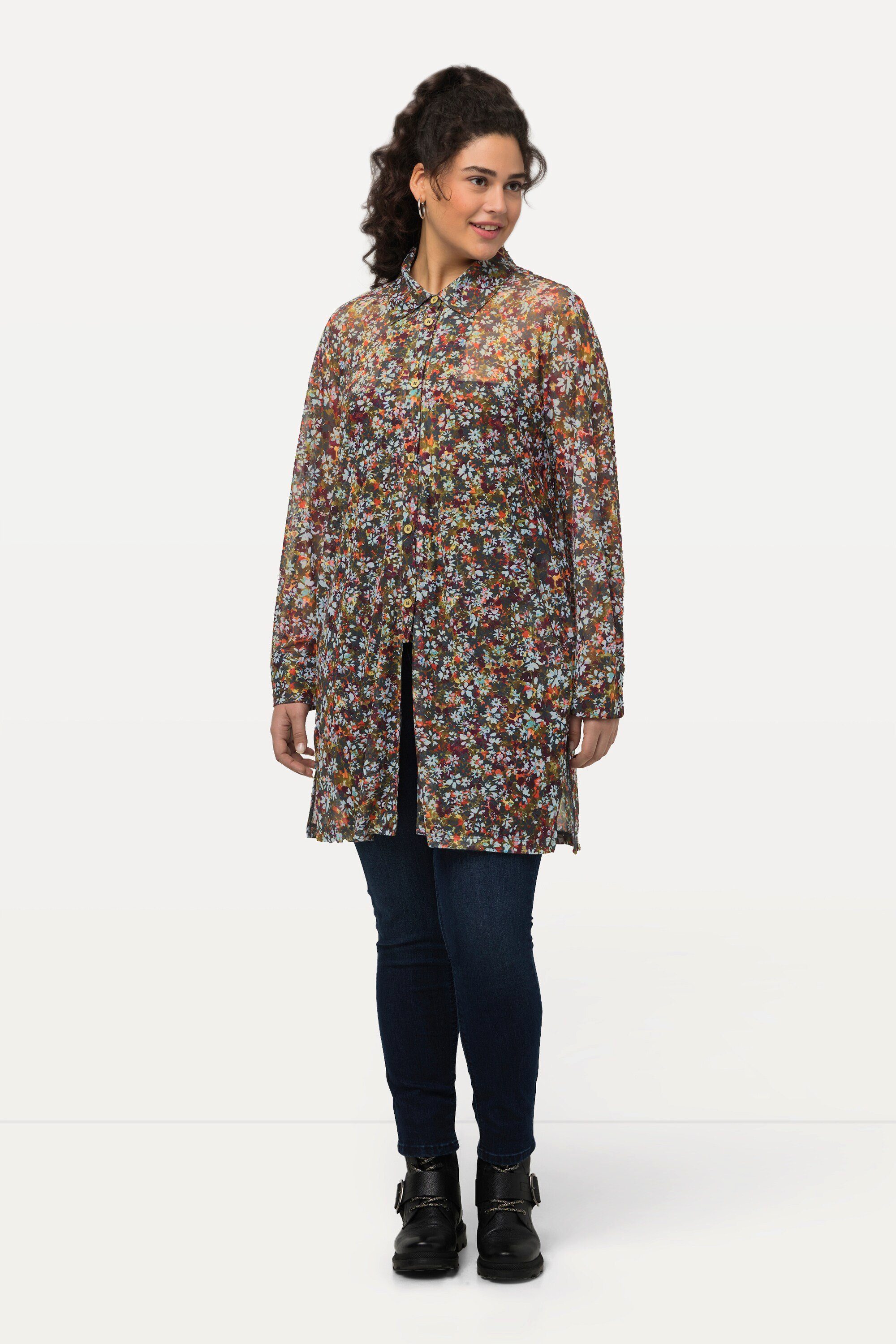 Longbluse Mesh-Bluse Millefleur A-Linie Hemdkragen Langarm