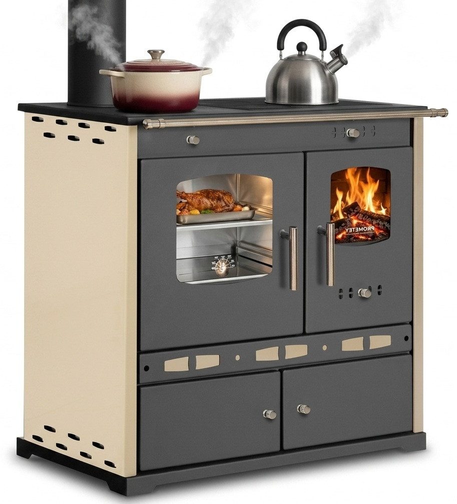 Prometey Holzherd ECO LUX INOX, Edelstahlbackfach, creme, linke Version, 7,1 kW