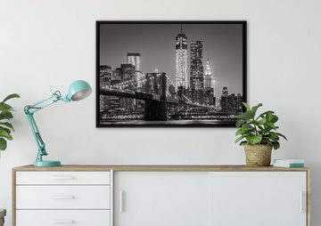 Pixxprint Leinwandbild New York City Skyline bei Nacht, Wanddekoration (1 St), Leinwandbild fertig bespannt, in einem Schattenfugen-Bilderrahmen gefasst, inkl. Zackenaufhänger