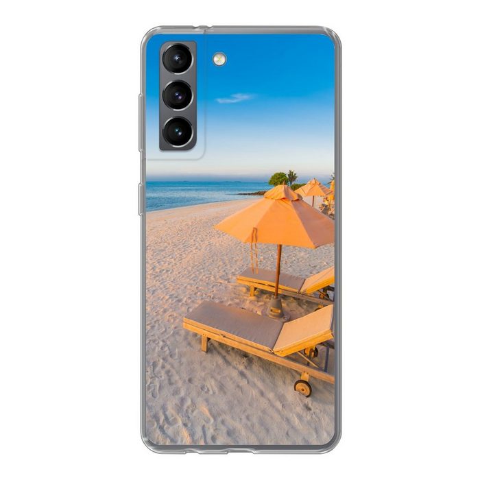 MuchoWow Handyhülle Karibischer Strand mit Strandkorb Phone Case Handyhülle Samsung Galaxy S21 Silikon Schutzhülle