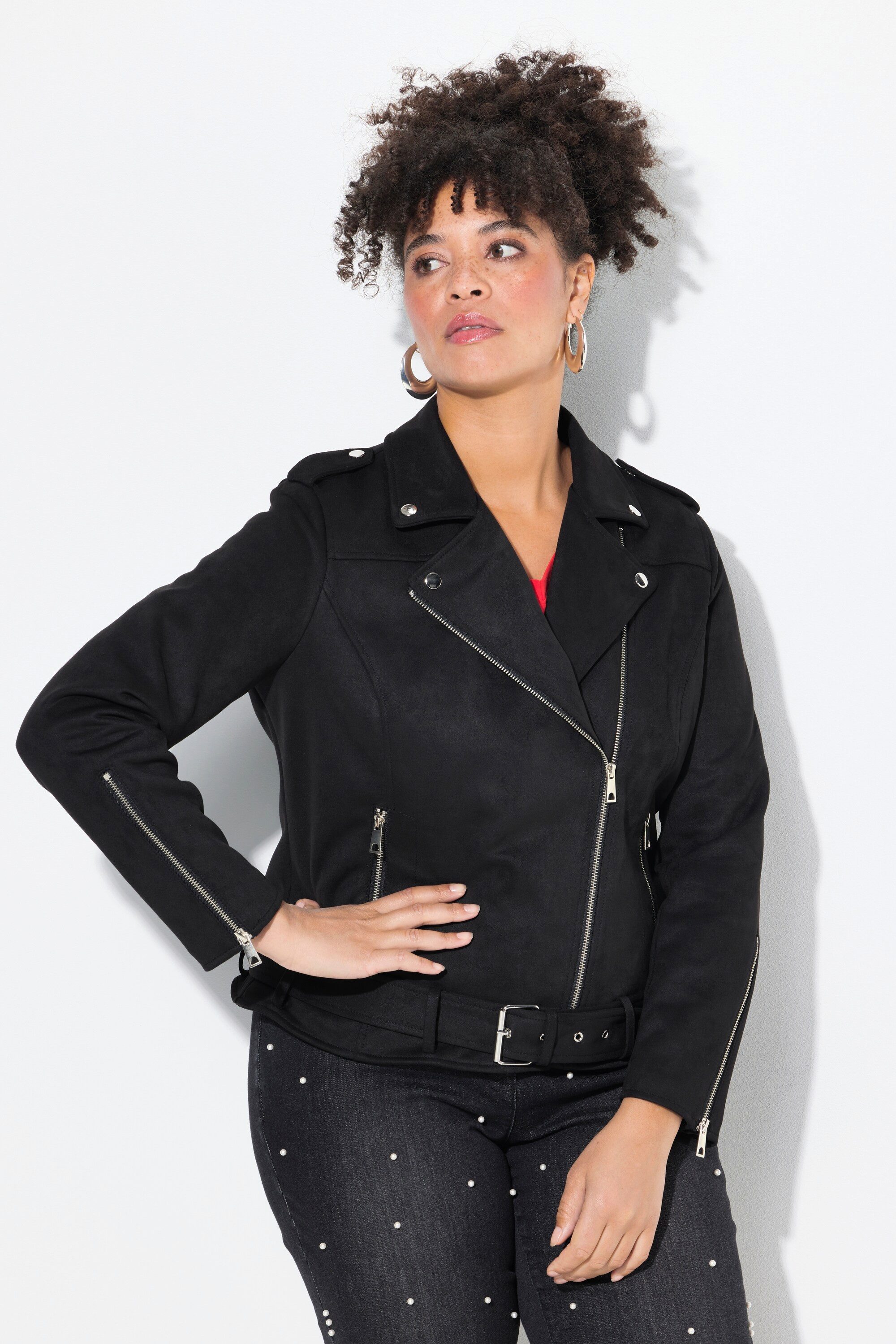 MIAMODA Sommerjacke Bikerjacke Veloursleder-Optik Revrskragen
