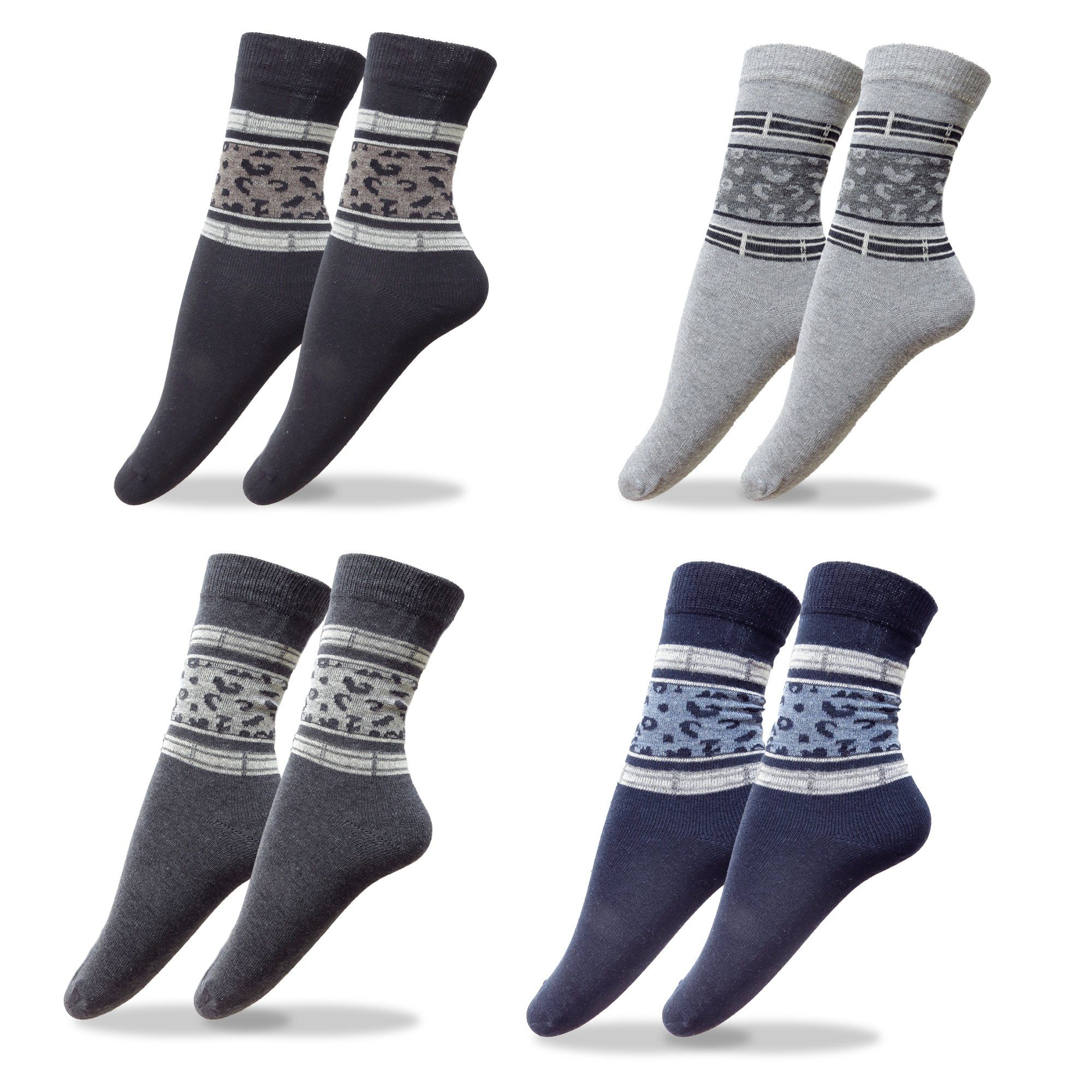 Sonia Originelli Norwegersocken 4 Paar Socken Leopard mit Streifen knöchellang soft, elastischer Bund