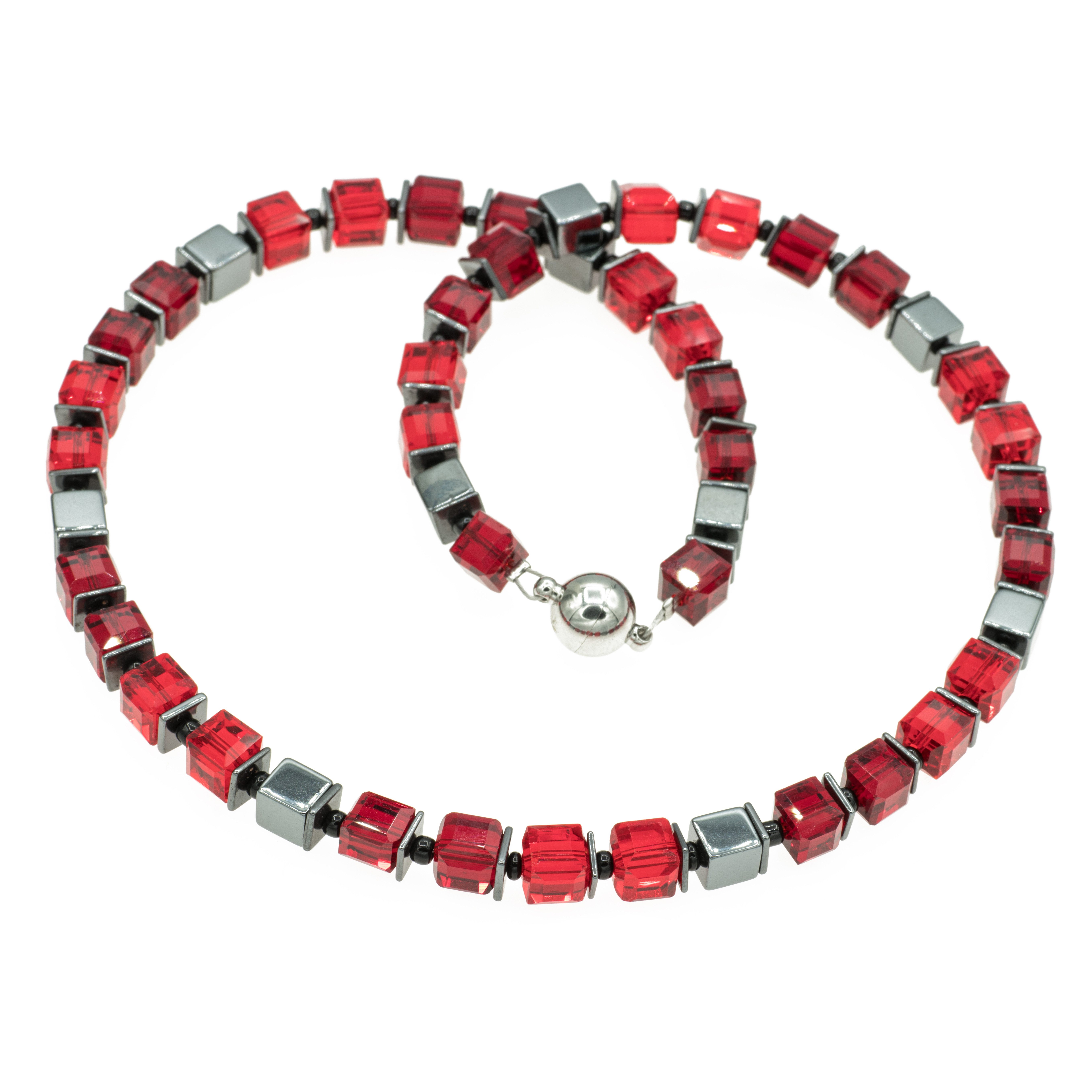 Perlenkette Glaswürfel Kette rot schwarz mit Hämatit Magnetverschluss