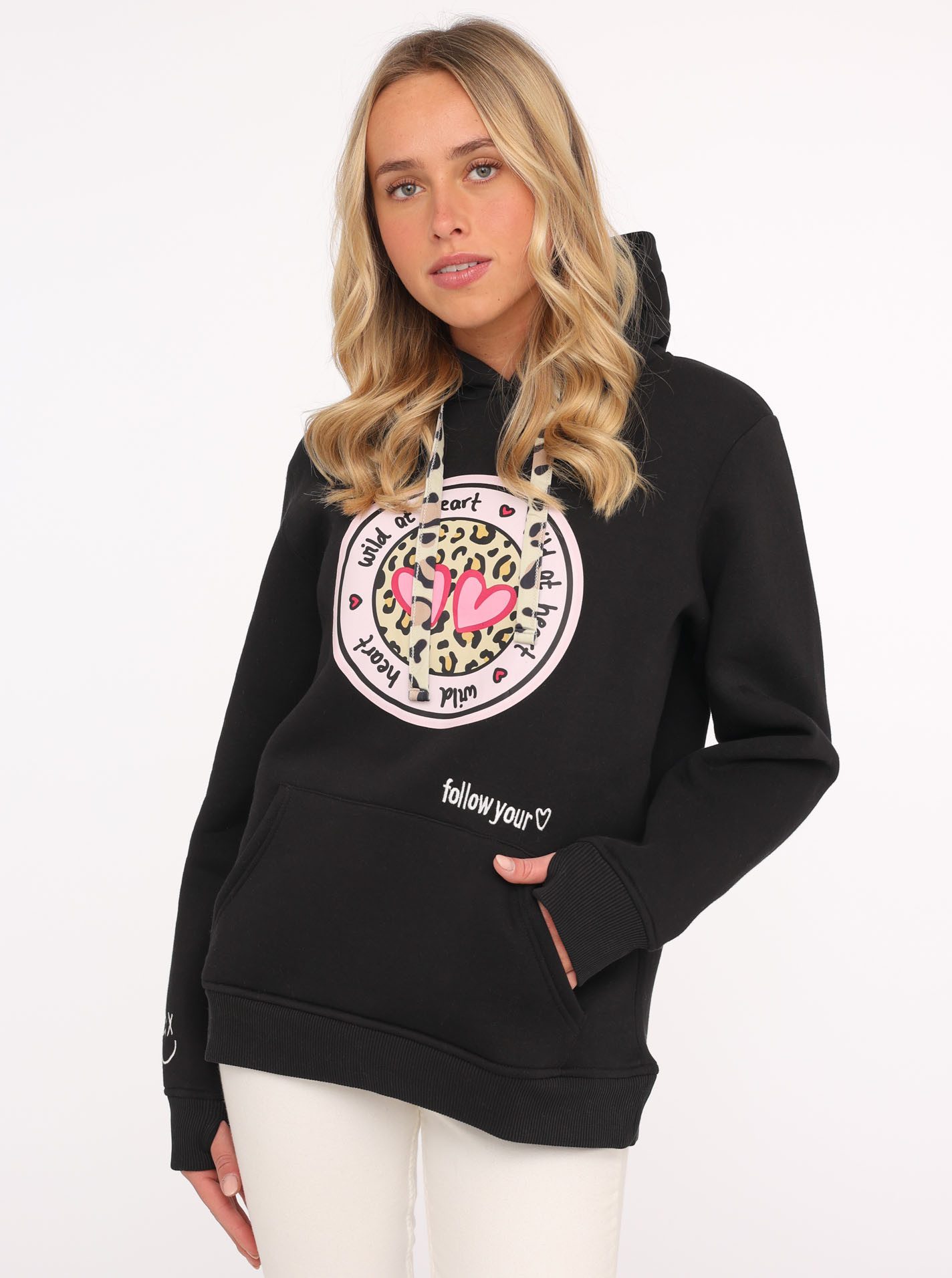 Zwillingsherz Hoodie Kapuze, Langarm, Kängurutasche, Leo-Details, modisch