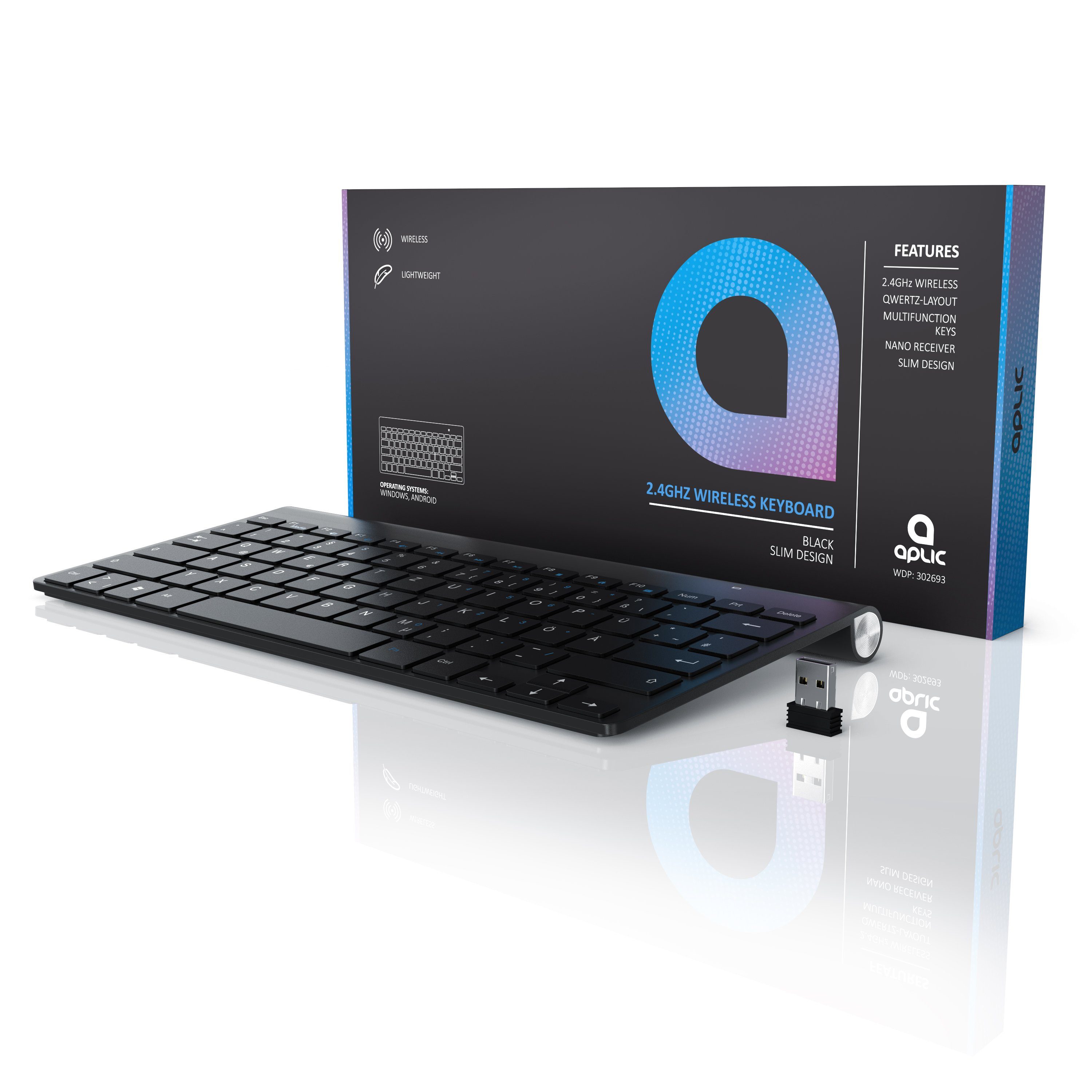 Aplic Wireless-Tastatur (kabelloses Keyboard Slim 2,4GHz, Layout) QWERTZ Windows Tastaturlayout