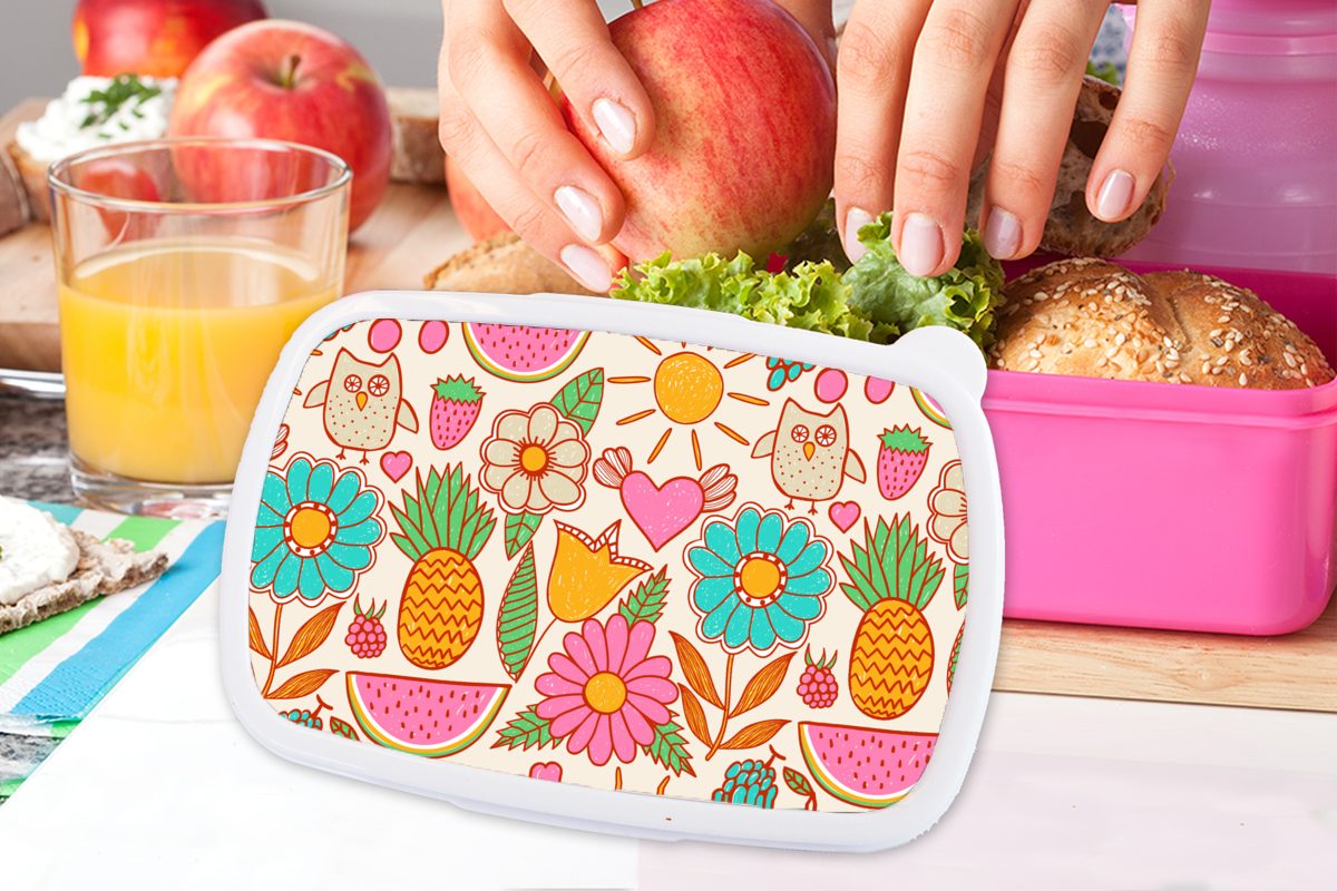 MuchoWow Lunchbox Eule - (2-tlg), Brotbox - - Erwachsene, Brotdose Blumen Kinder Regenbogen Kinder, Kunststoff, rosa Snackbox, Muster, für Mädchen, - Kunststoff