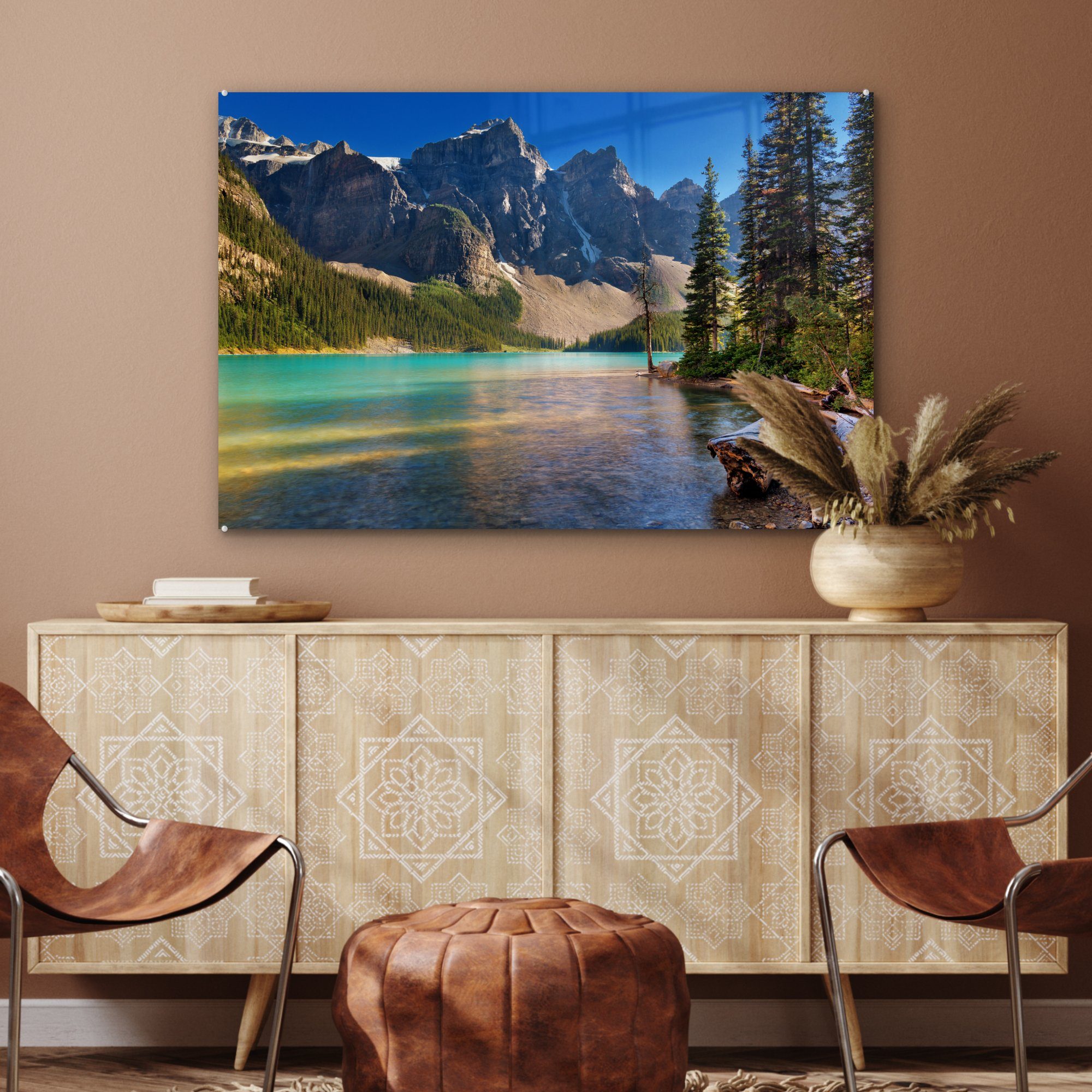 MuchoWow Acrylglasbild Kiefern und Berge St), & Kanada, dem Moraine Wohnzimmer über (1 bei Lake Sonnenuntergang in Schlafzimmer Acrylglasbilder