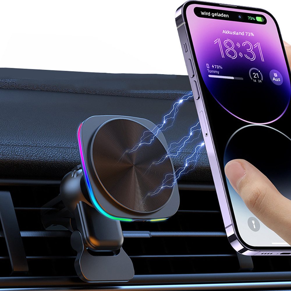 Tekoo Handy-Halterung KFZ magnetischer Handyhalter, 15W Schnellladen, Lüftung, (inkl. Magnet-Ladehalterung, USB-C Ladekabel und Bedienungsanleitung, Aktive Kühlung, RGB-Lichtring, intelligenter Smart-Chip)