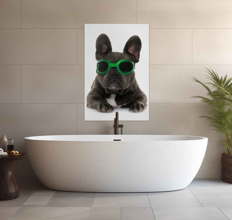 Wallario Wandfolie, Cooler Hund mit Sonnenbrille in grün - Französische Bulldogge, wasserresistent, geeignet für Bad und Dusche