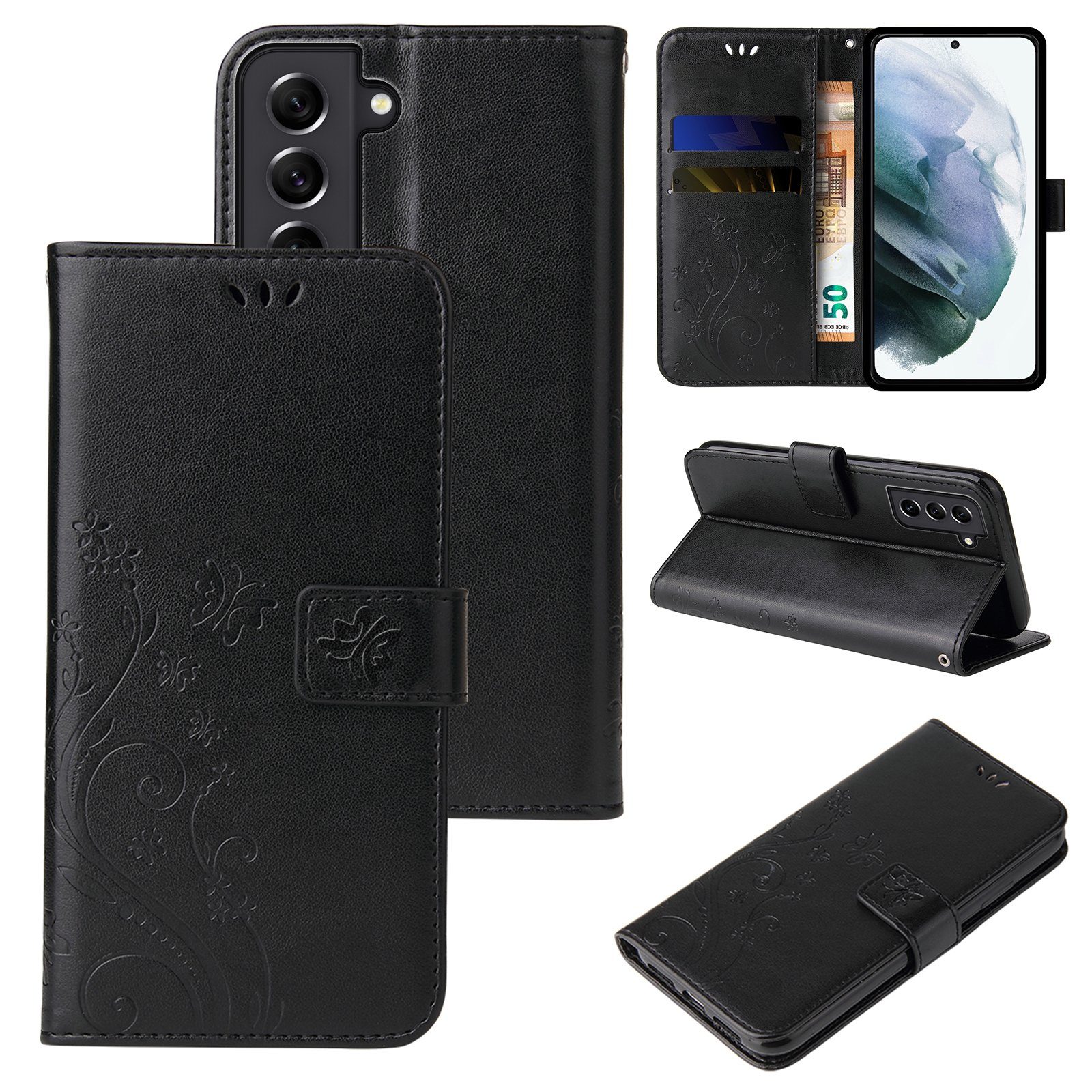 Tec-Expert Handyhülle Cover Tasche Hülle für Samsung Galaxy S21 6,2 Zoll, Klapphülle Case mit Kartenfach Fliphülle aufstellbar, Motiv Blumen