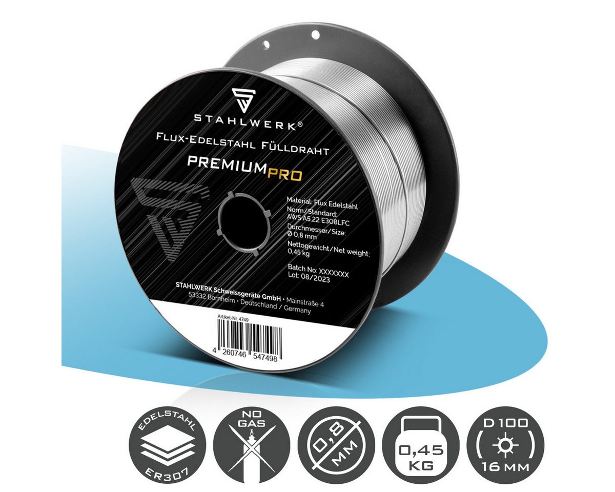 STAHLWERK Schweißdraht FLUX Edelstahl Fülldraht E308LFC 0,8 mm 0,45 kg, (Packung), hochwertig verarbeitet und eignet sich zum Schweißen ohne Schutzgas.