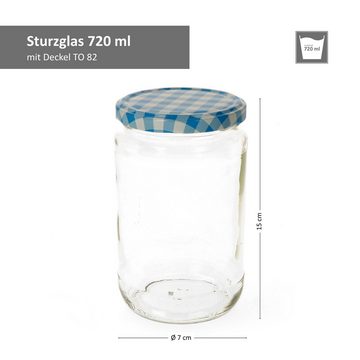 MamboCat Einmachglas 12er Set Rundglas 720 ml To 82 blau karierter Deckel incl. Rezeptheft, Glas
