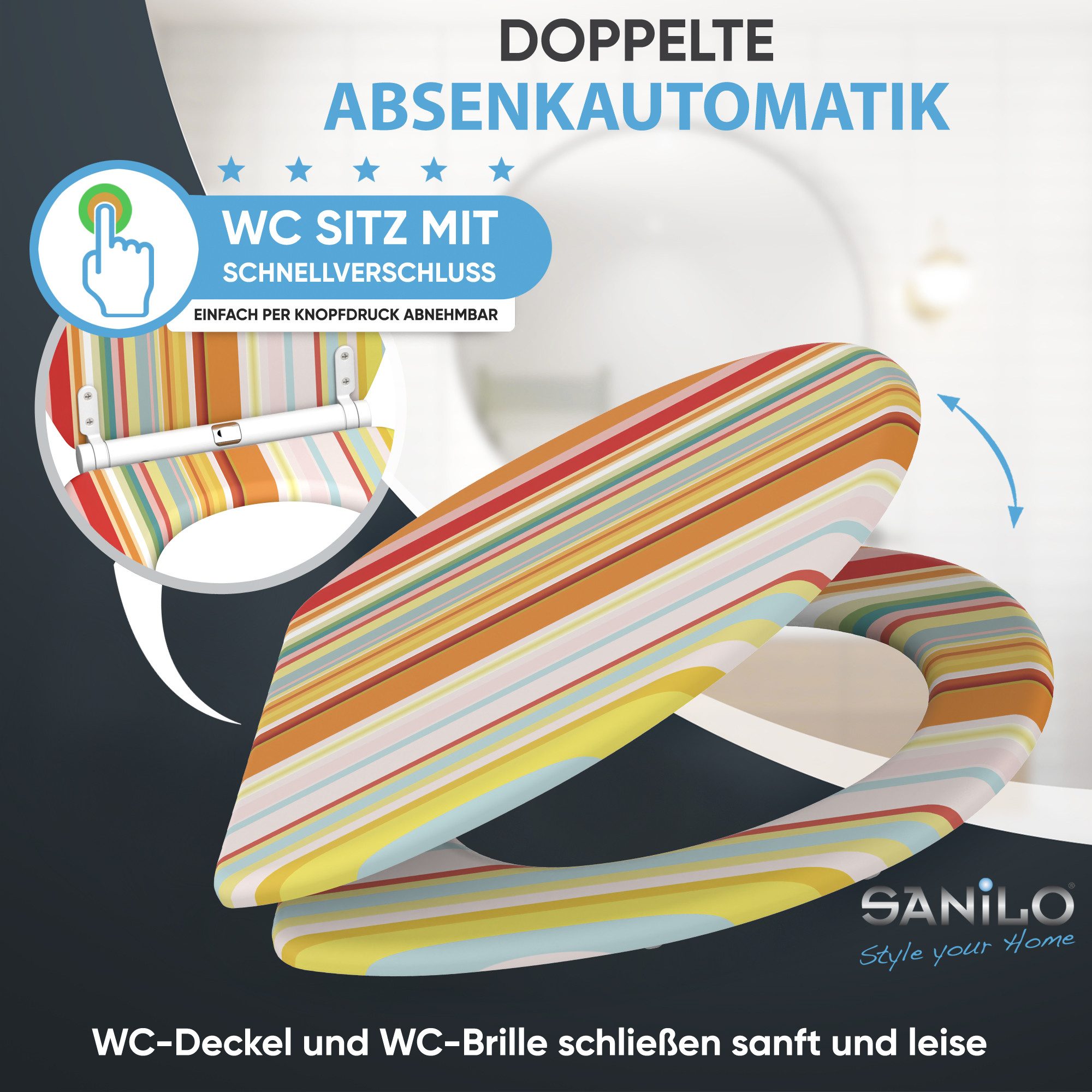 Sanilo WC-Sitz Starstripes mit Absenkautomatik & Quick Release, Premium Toilettendeckel, abnehmbar, leichte Montage von oben