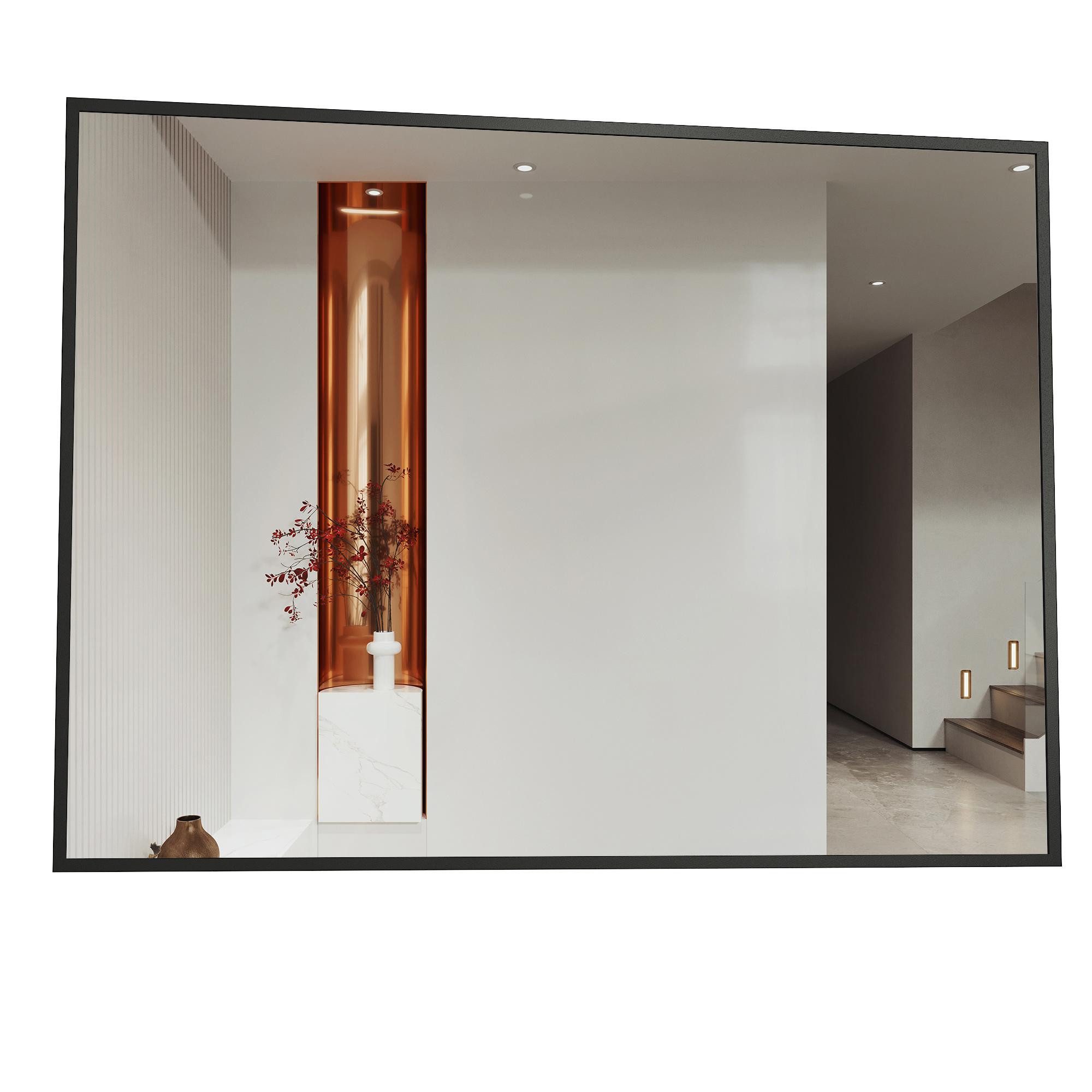 Hopibath Wandspiegel groß 100x60 eckig Schwarz mit Alurahmen (Spiegel, für Bad, Flur, Wohnzimmer, Schlafzimmer), 5mm HD Glas, mit explosionsgeschützte membran