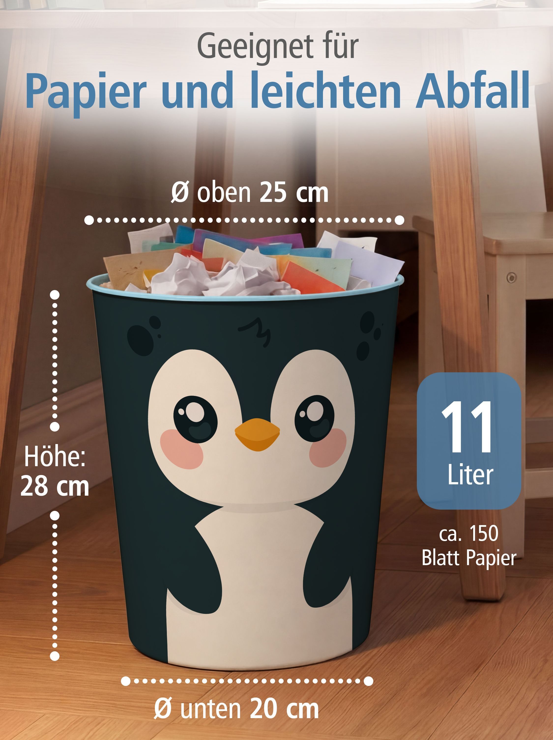 itenga Papierkorb itenga Papierkorb Tiermotiv - PINGUIN - Kawaii Design - ca 11 Liter – Bild 4 von 5