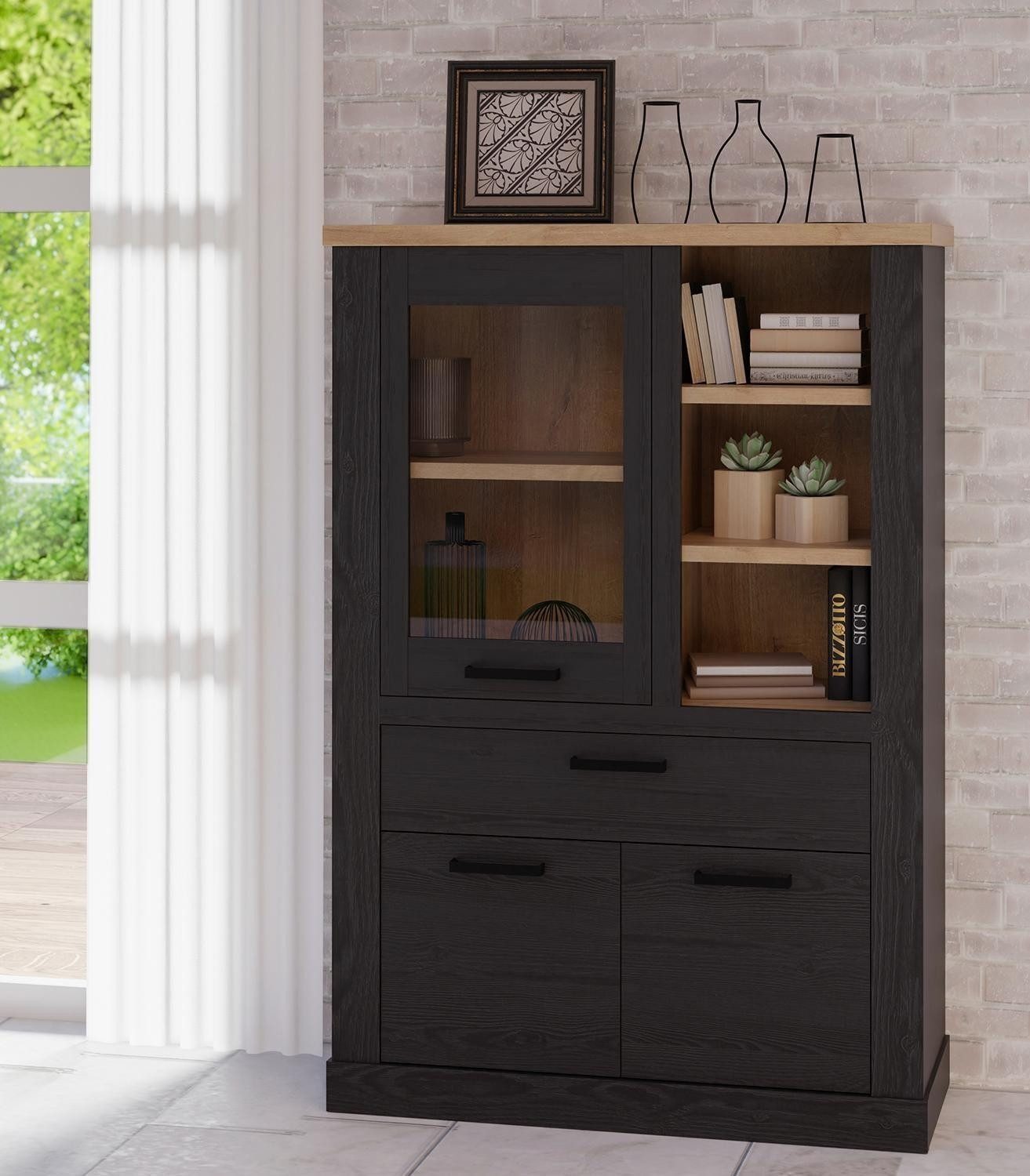 FORTE Highboard DURO, Cabezone Eiche Dekor, Riviera Eiche Dekor, 3 Türen, 1 Schublade, B 110 x H 160 x T 42 cm