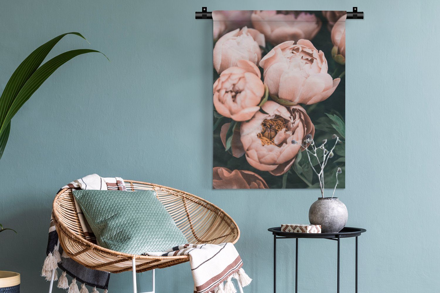 MuchoWow Wanddekoobjekt Blumen - - Rosa Wand, Pflanzen, an Tapisserie, Schlafzimmer der Wohnzimmer, - Deko für Natur