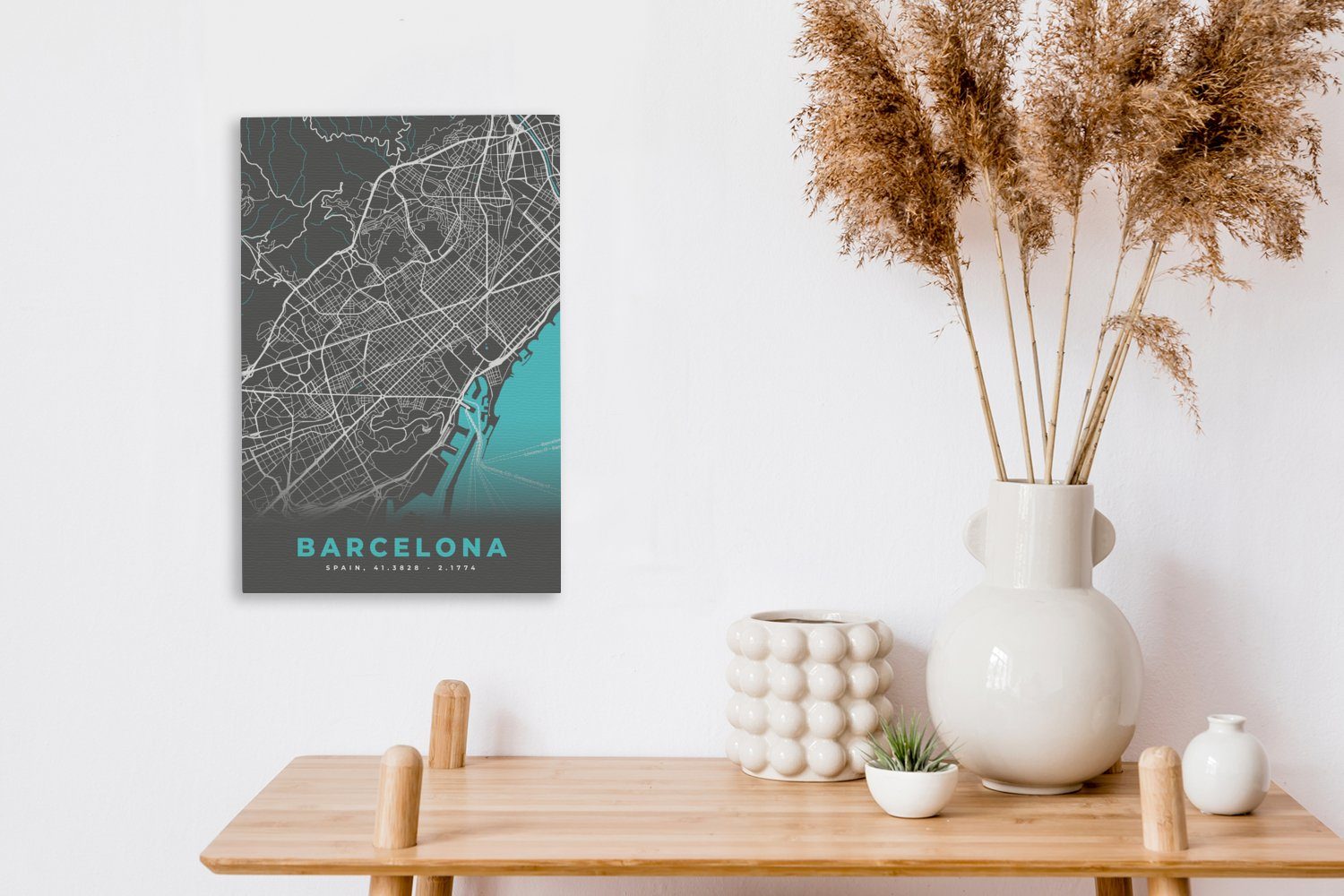 inkl. St), - Gemälde, Zackenaufhänger, Leinwandbild OneMillionCanvasses® - Barcelona 20x30 Blau (1 Leinwandbild fertig bespannt cm Karte - Stadtplan,