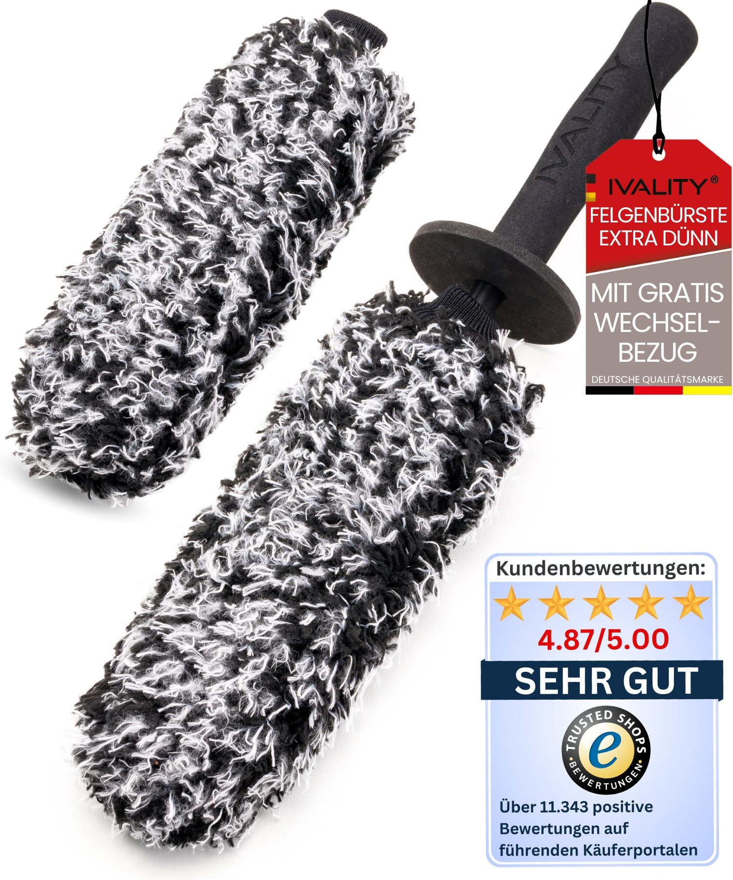 IVALITY Felgenbürste - Ultra dünne Auto Mikrofaser Bürste - Premium - Effektiv & schonend, Alle Autofelgen, Kleine Abstände, Ganze Felgenbett, Auto Reinigung, (Mit 2x Wechselbezüge, 3-tlg., Perfekt für die Felgenreinigung), ultra dünn, kommt in jede Ecke