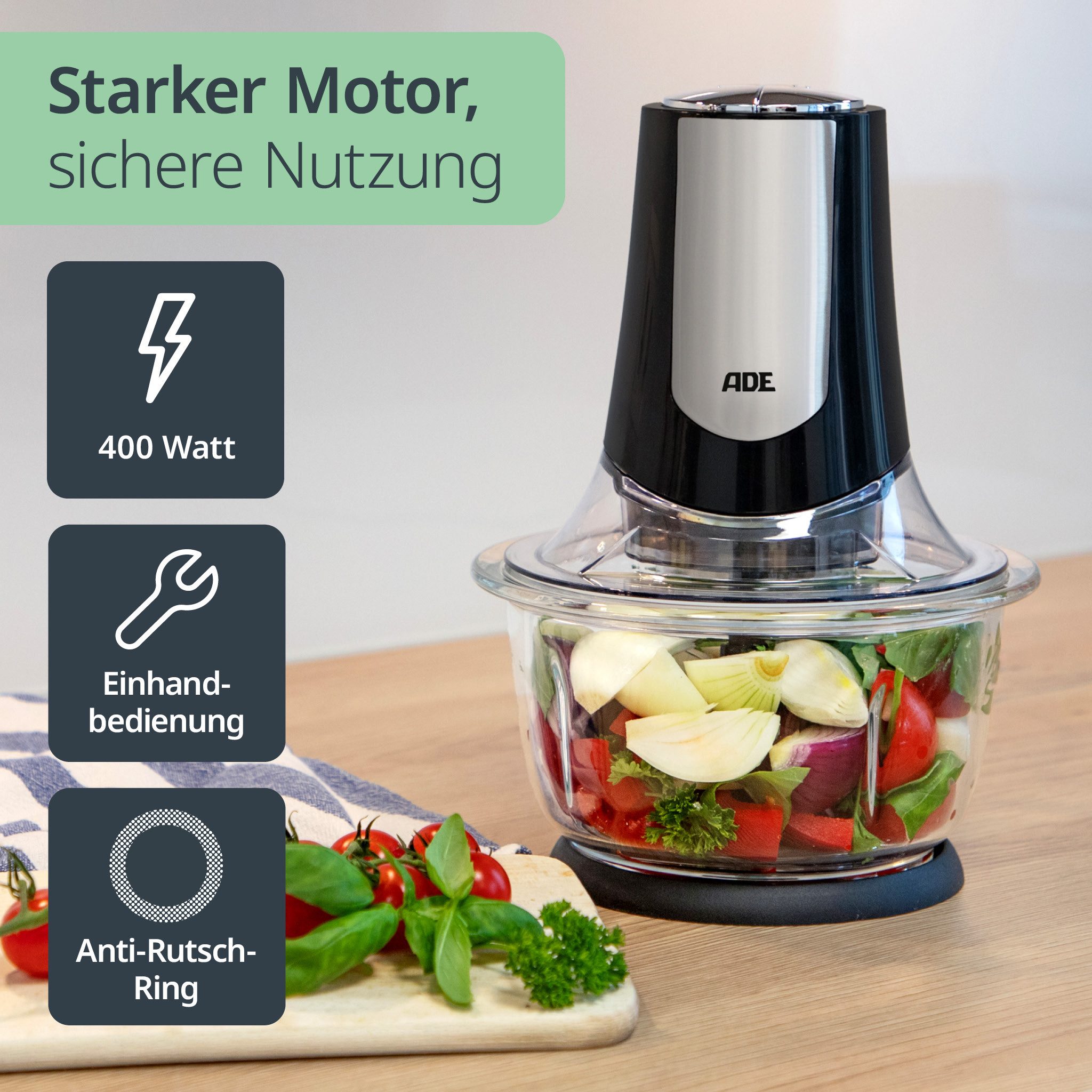 ADE Zerkleinerer elektrisch 500 W, Gemüseschneider, Multizerkleinerer, Zwiebelschneider, kraftvoller Motor, große 1,2 L Glasschüssel, 4 Schneidemesser