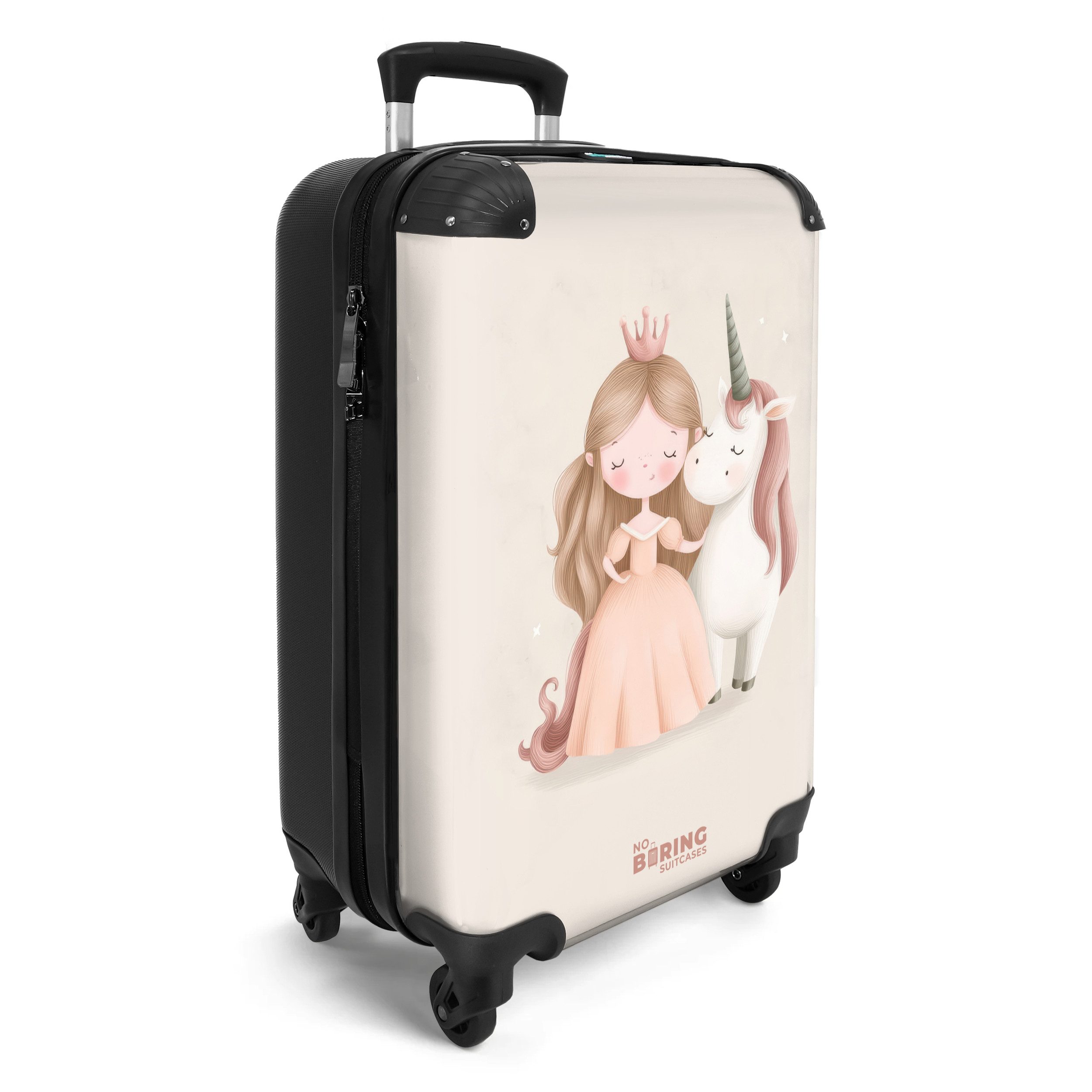 NoBoringSuitcases.com© Kinderkoffer Prinzessin und ein Einhorn in Pastellfarben 55x35x20cm, 4 Rollen, Handgepäck-Koffer, Kinderkoffer, Reisekoffer Mädchen