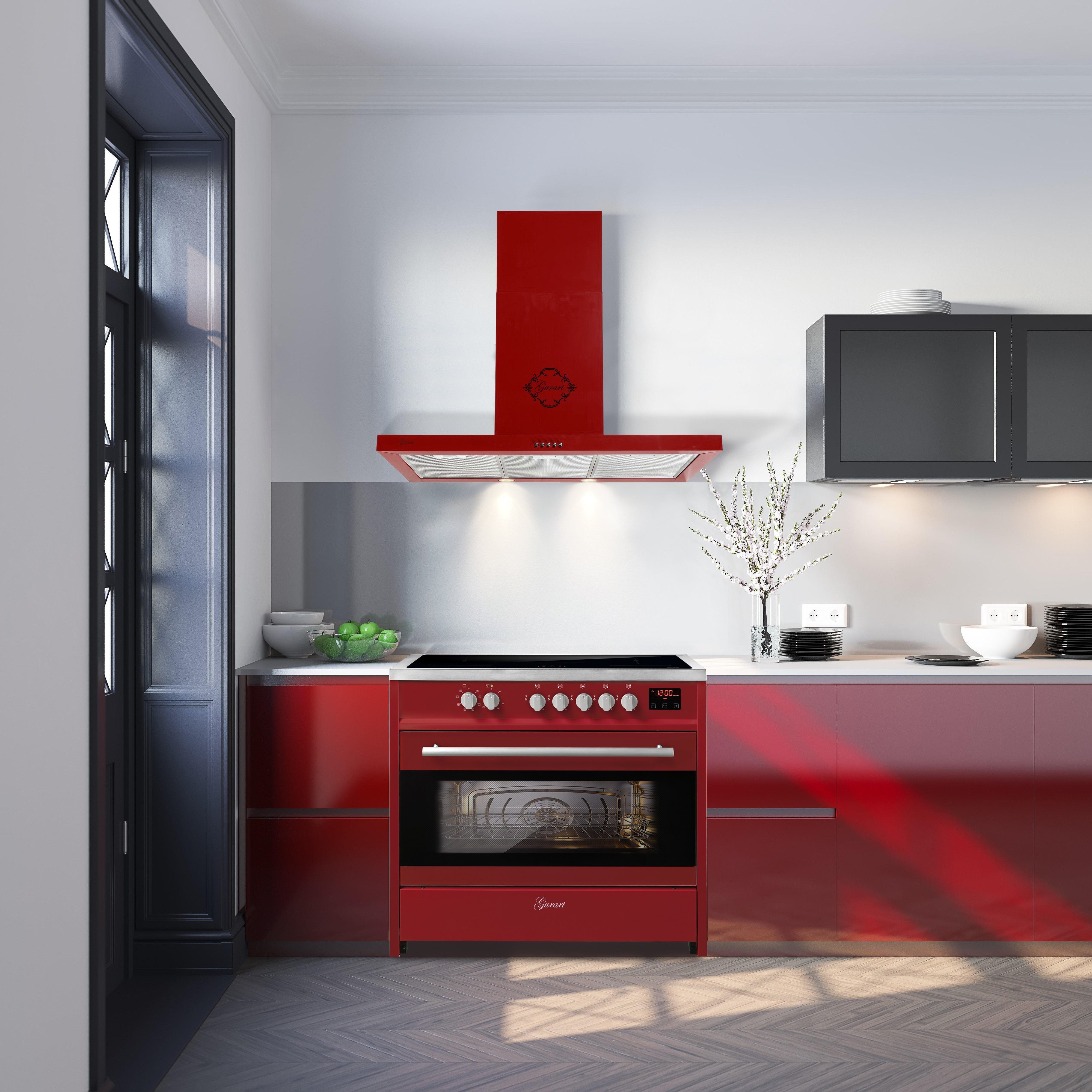 GURARI Induktions Herd-Set Range Cooker 90 cm, Elektro Standherd, 121L+Dunstabzugshaube 90 cm E 913 R+GCH 461 RD 9., mit 1-fach-Teleskopauszug