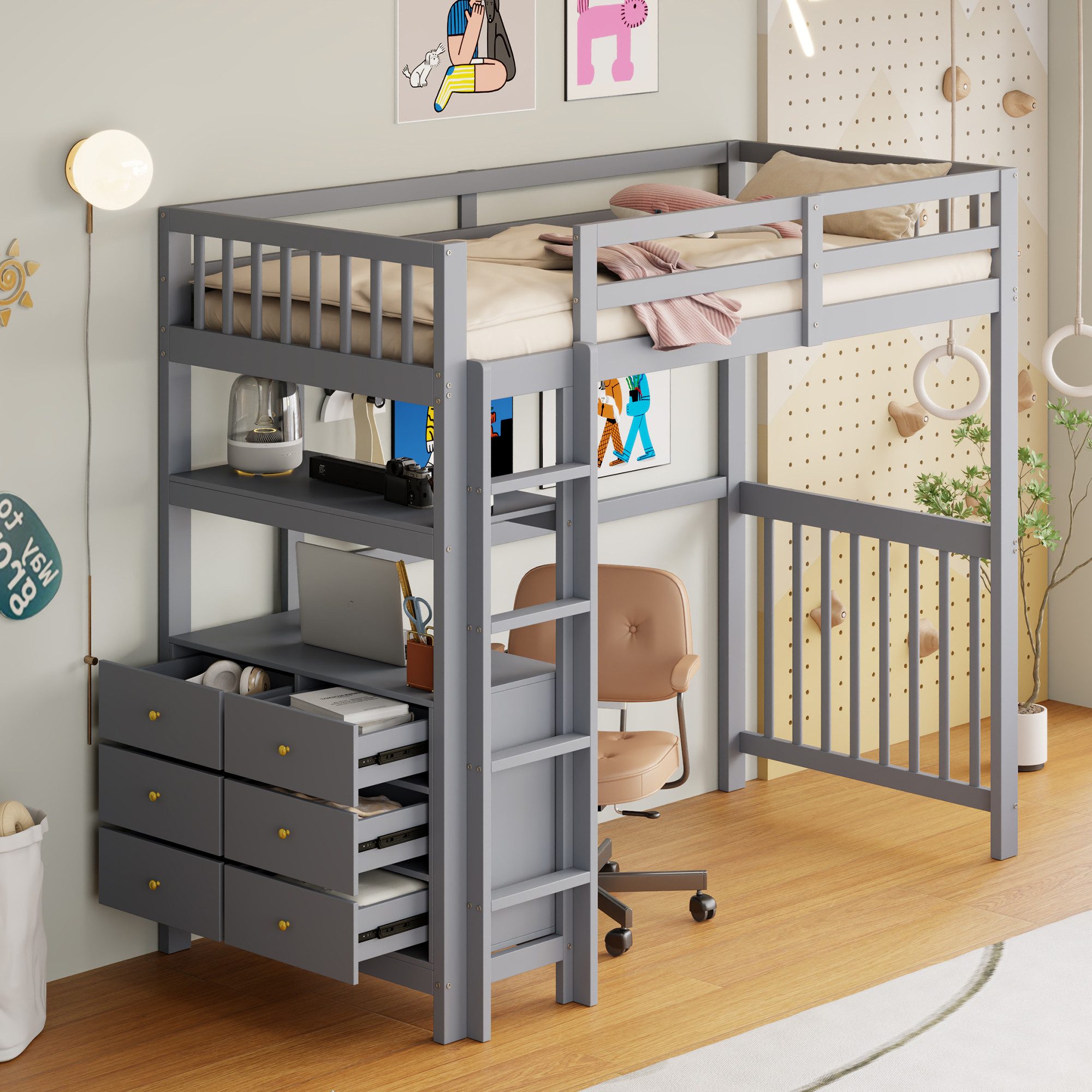 SOFTWEARY Hochbett mit Schreibtisch, Stauraum und günstig online kaufen