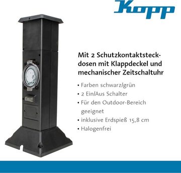 Kopp Gartensteckdose Energiesäule mit 2 Schutzkontakt 230V Zeitschaltuhr Schwarz, Enthält Abdeckung, Wetterfest