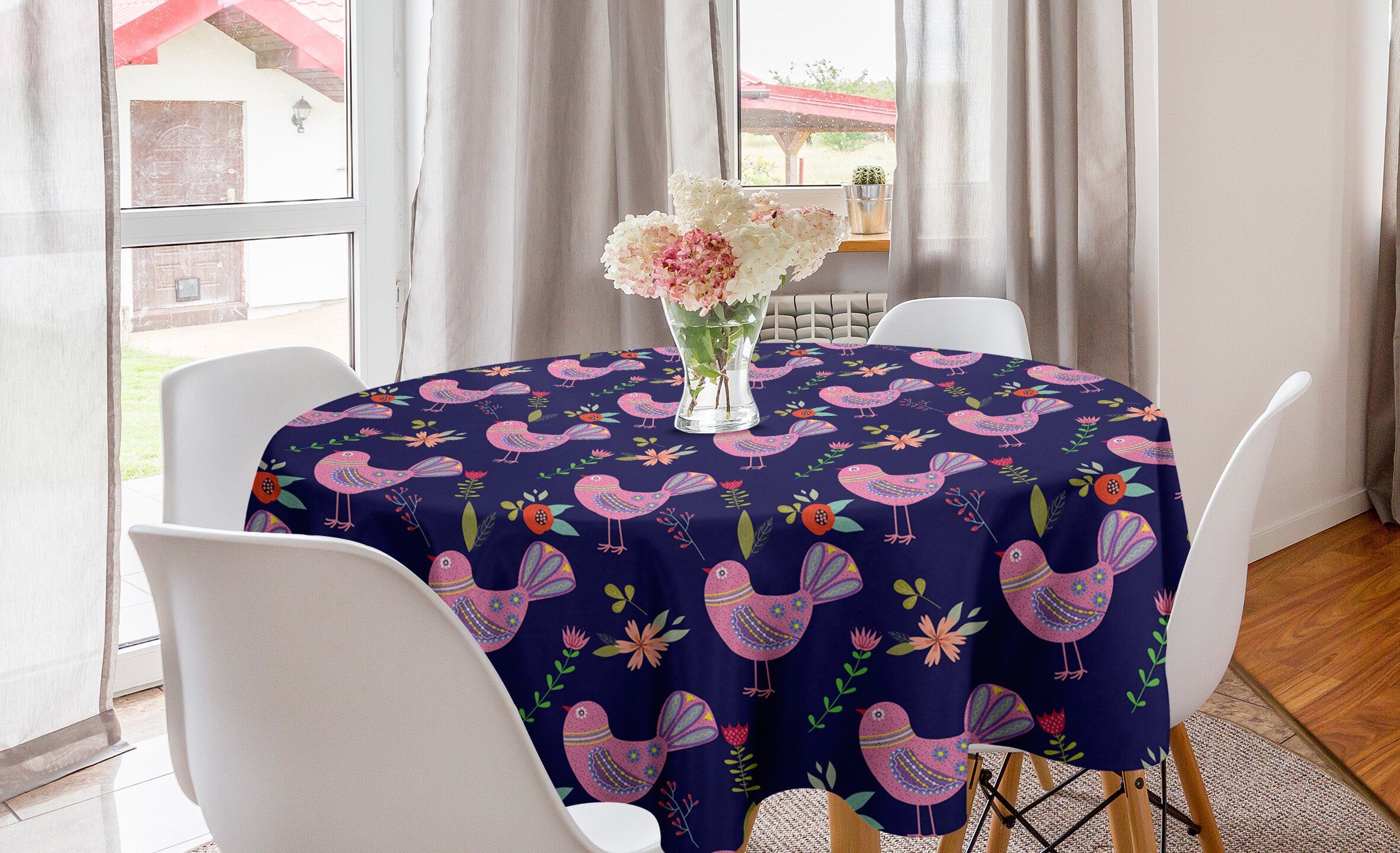 Abakuhaus Tischdecke Kreis und Dekoration, Tischdecke Esszimmer Küche Abdeckung Blumen Folk-Vögel Botanisch für