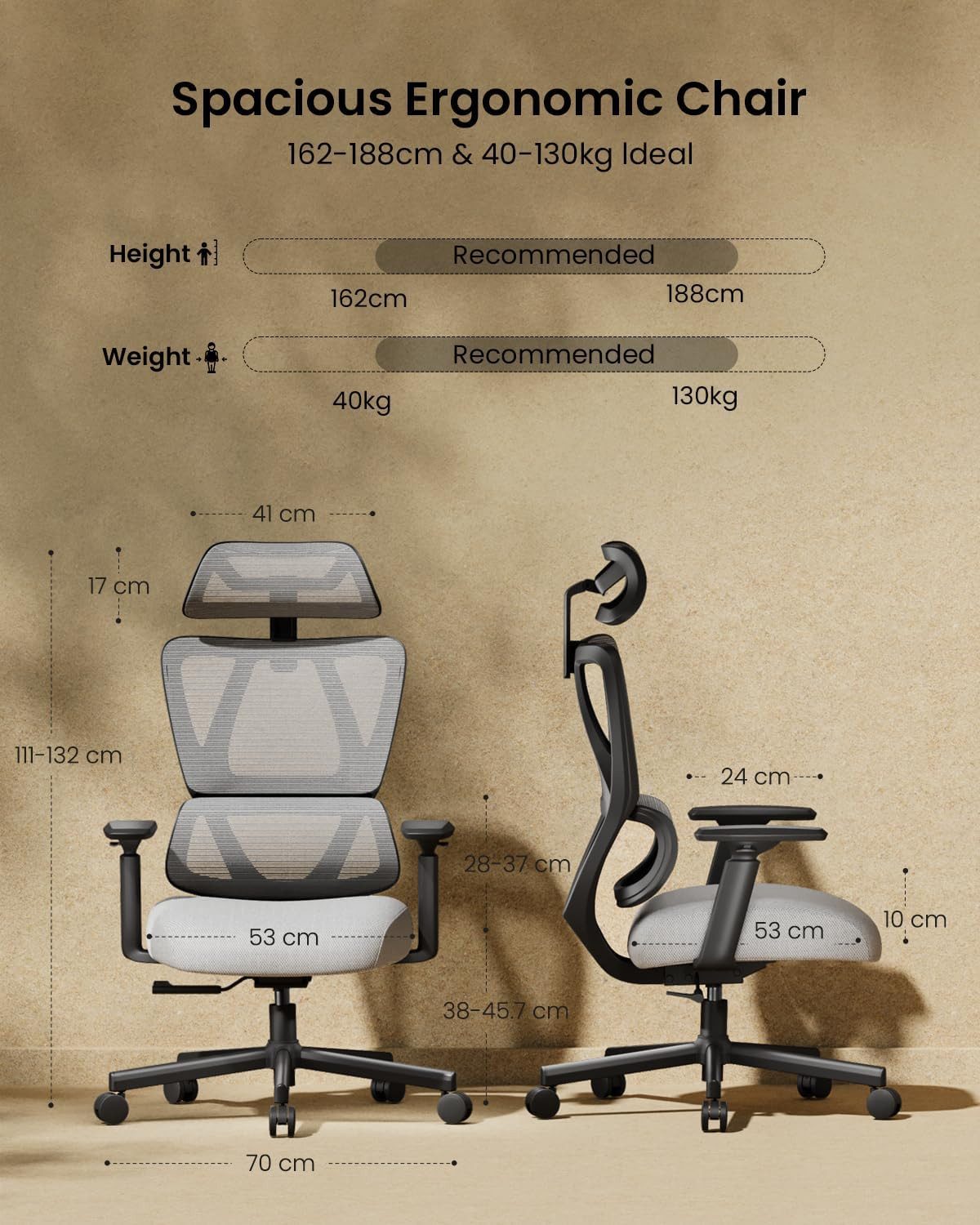 ProtoArc Bürostuhl Computer-Schreibtischstuhl EC100 Ergonomischer Bürostuhl, endenwirbelstütze, Verstellbarer Armlehne & Kopfstütze, Mesh-Drehstuh