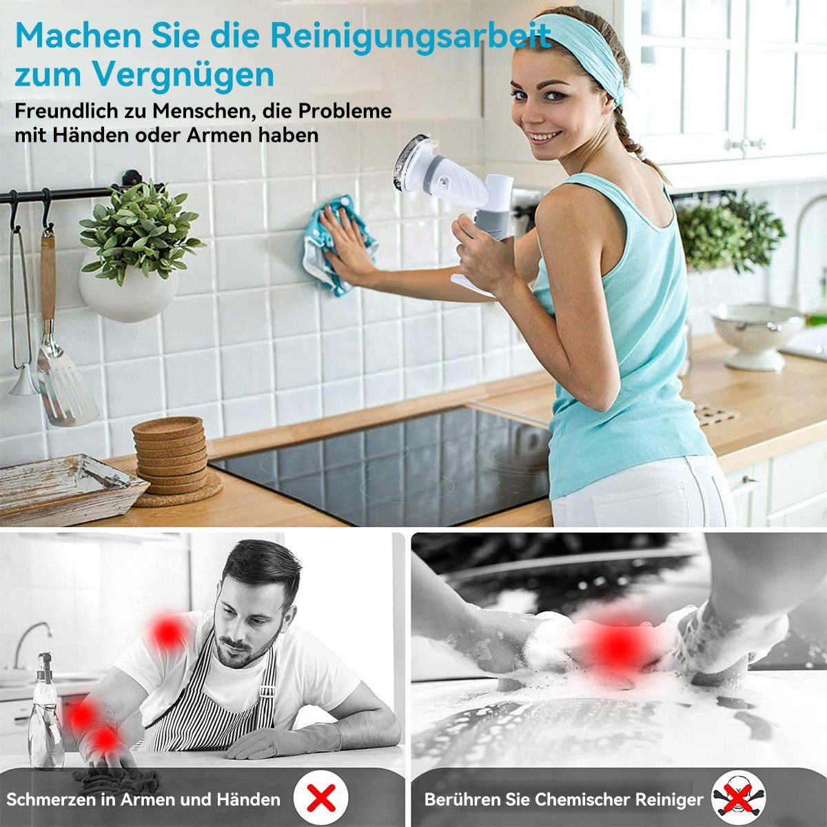 Reinigungsbürsten-Set DOPWii Ersatzbürstenköpfe 4 Küche schnurlos Reinigungsbürste, Elektrische