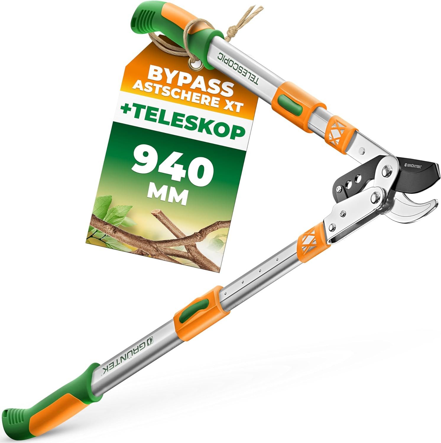 GRÜNTEK Astschere Teleskop-Astschere XT 685 - 940 mm, Bypass Smart-Cut Baumschere, Gehärtete Klinge mit 82 mm Länge, rutschfeste 2-Komponenten-Griffe