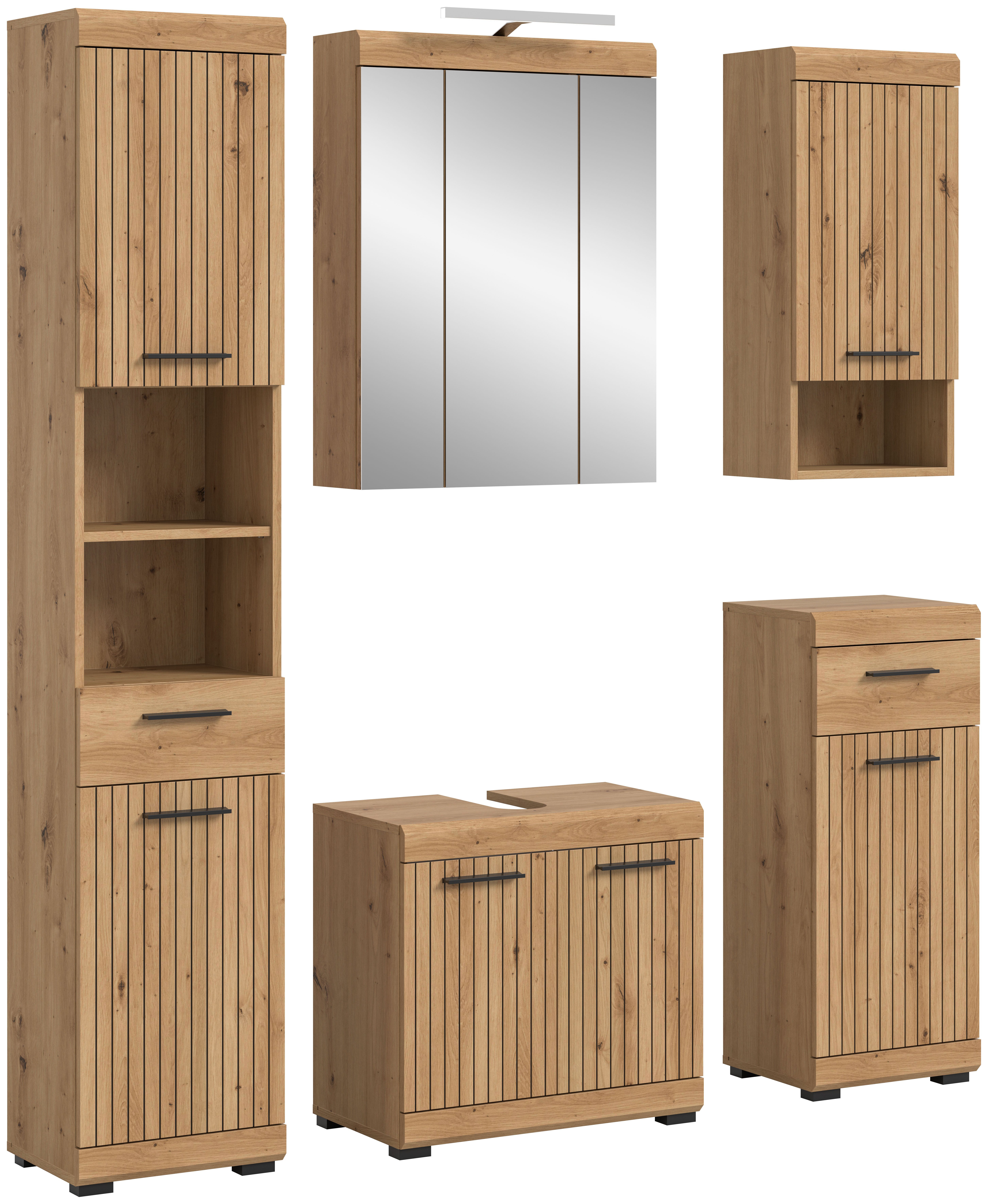 welltime Badmöbel-Set SIENA, 5 teilig, inklusive LED Beleuchtung, bestehend aus:, (Set, 5-St., TOPSELLER), Hochschrank, WBU, Spiegelschrank, Unterschrank, Hängeschrank