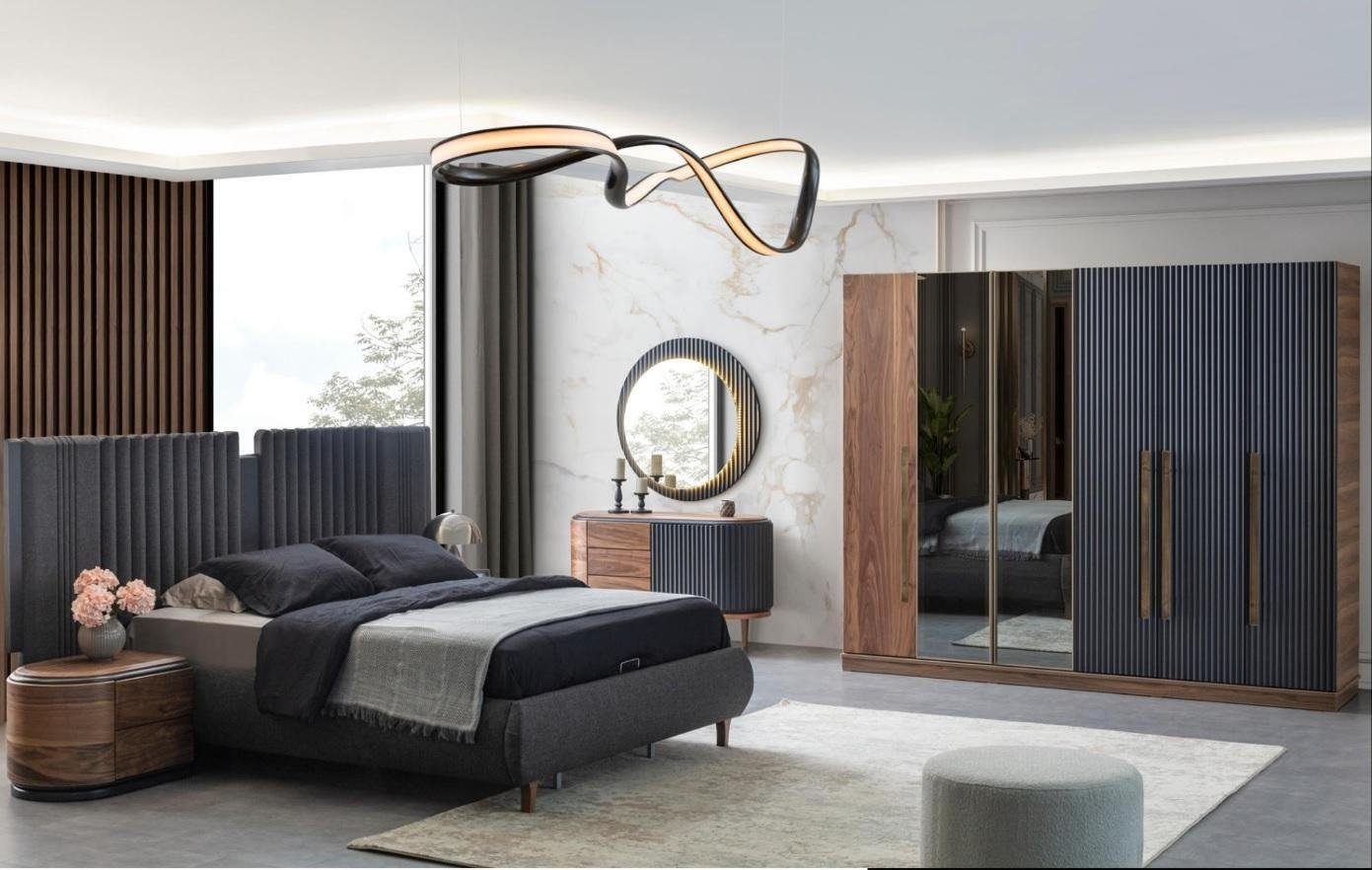 Schlafzimmer-Set Schwarz-Beige Schlafzimmer Garnitur Doppelbett 2x Nachttische