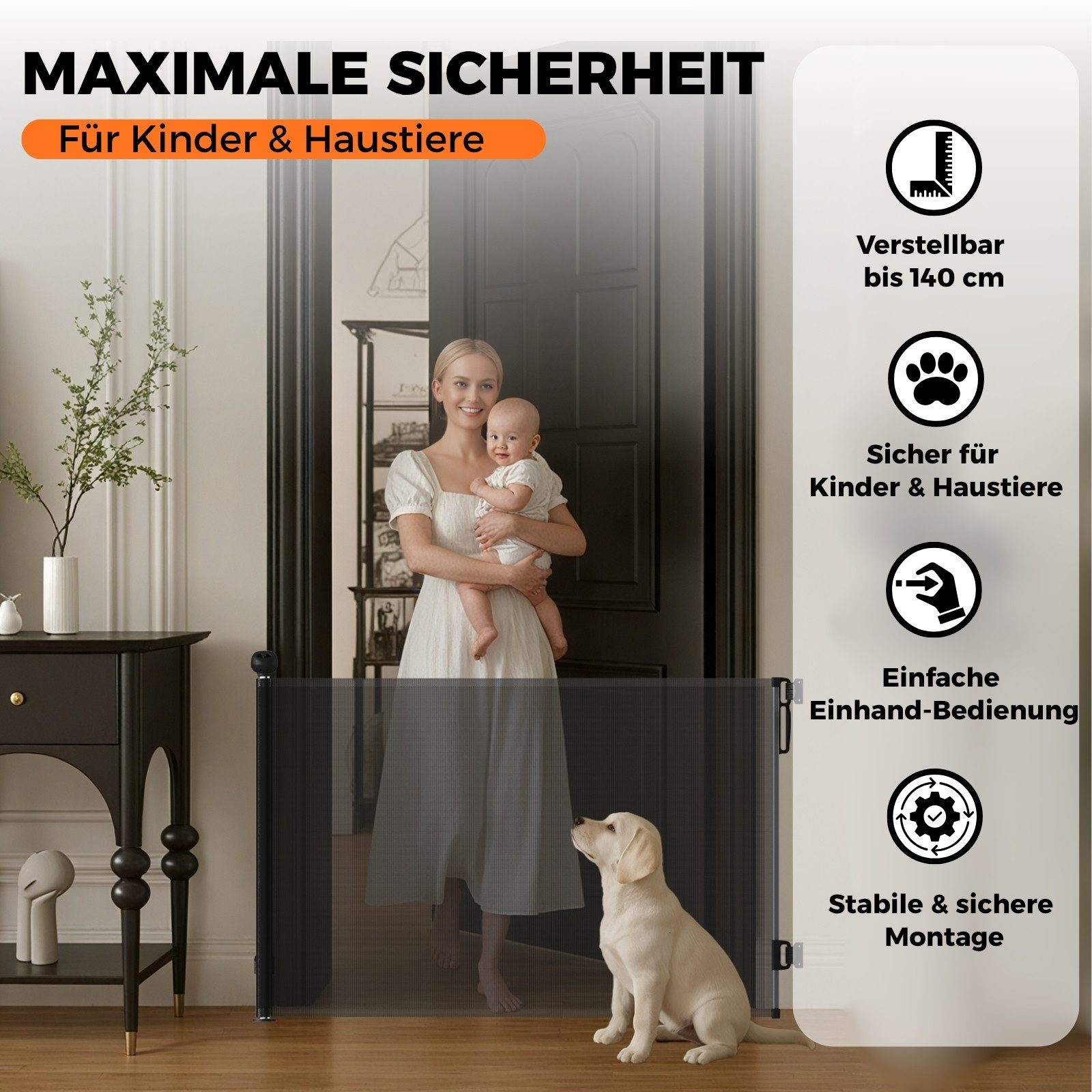 Allyson Treppenschutzgitter Türschutzgitter Ausziehbar, Tür & Treppengitter für Kinder & Haustiere (Inklusive Befestigungsmaterial für zwei unterschiedliche Positionen), Platzsparend ausziehbar bis 140cm, robustes PVC-Netz für Kind & Hund