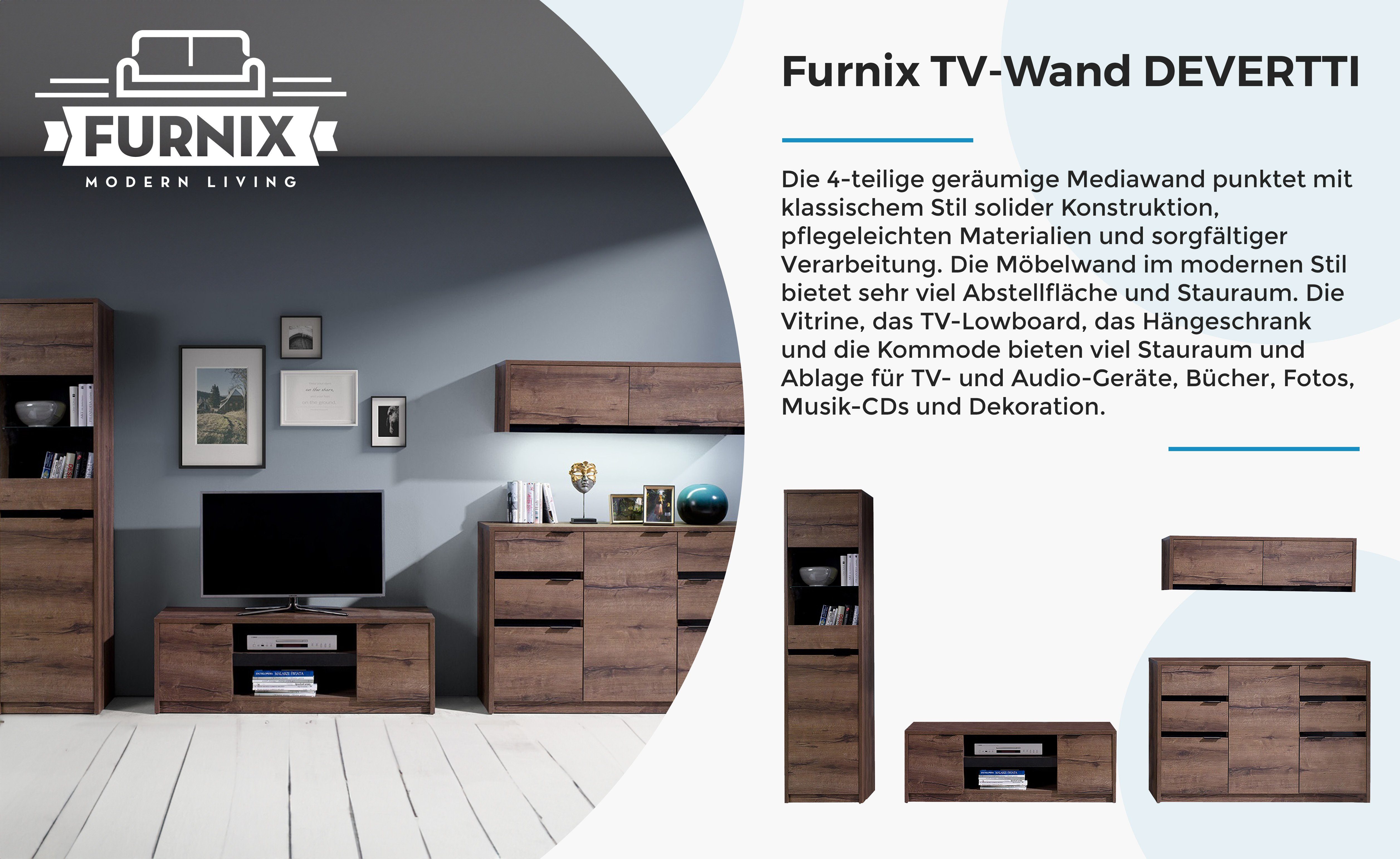 4-teilige TV-Schrank, Wandschrank, Monastery/Schwarz Vitrine, Möbelwand Wohnwand 3 Furnix Mediawand Glanz, DEVERTTI Kommode