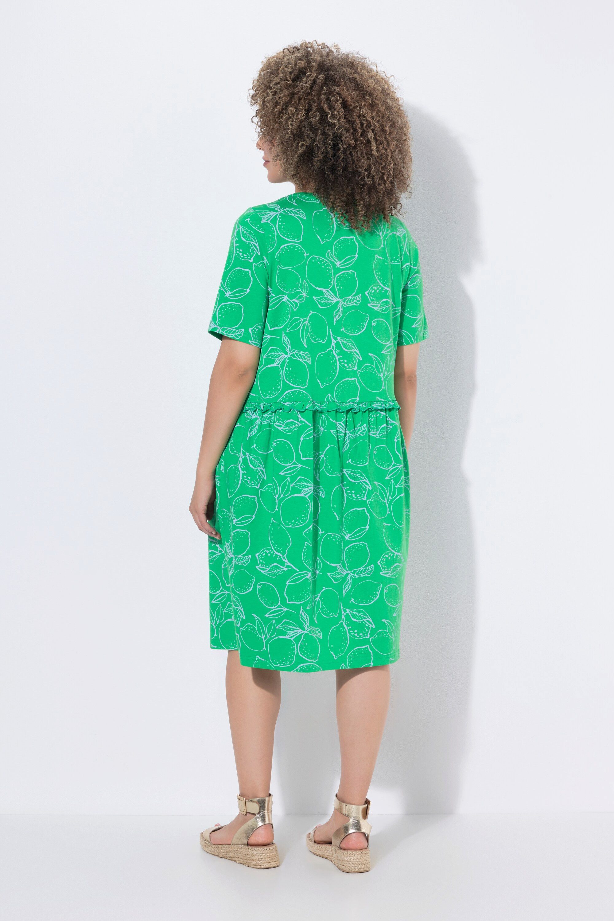 Ulla Popken Midikleid Jerseykleid Zitronen Rüschen V-Ausschnitt Halbarm