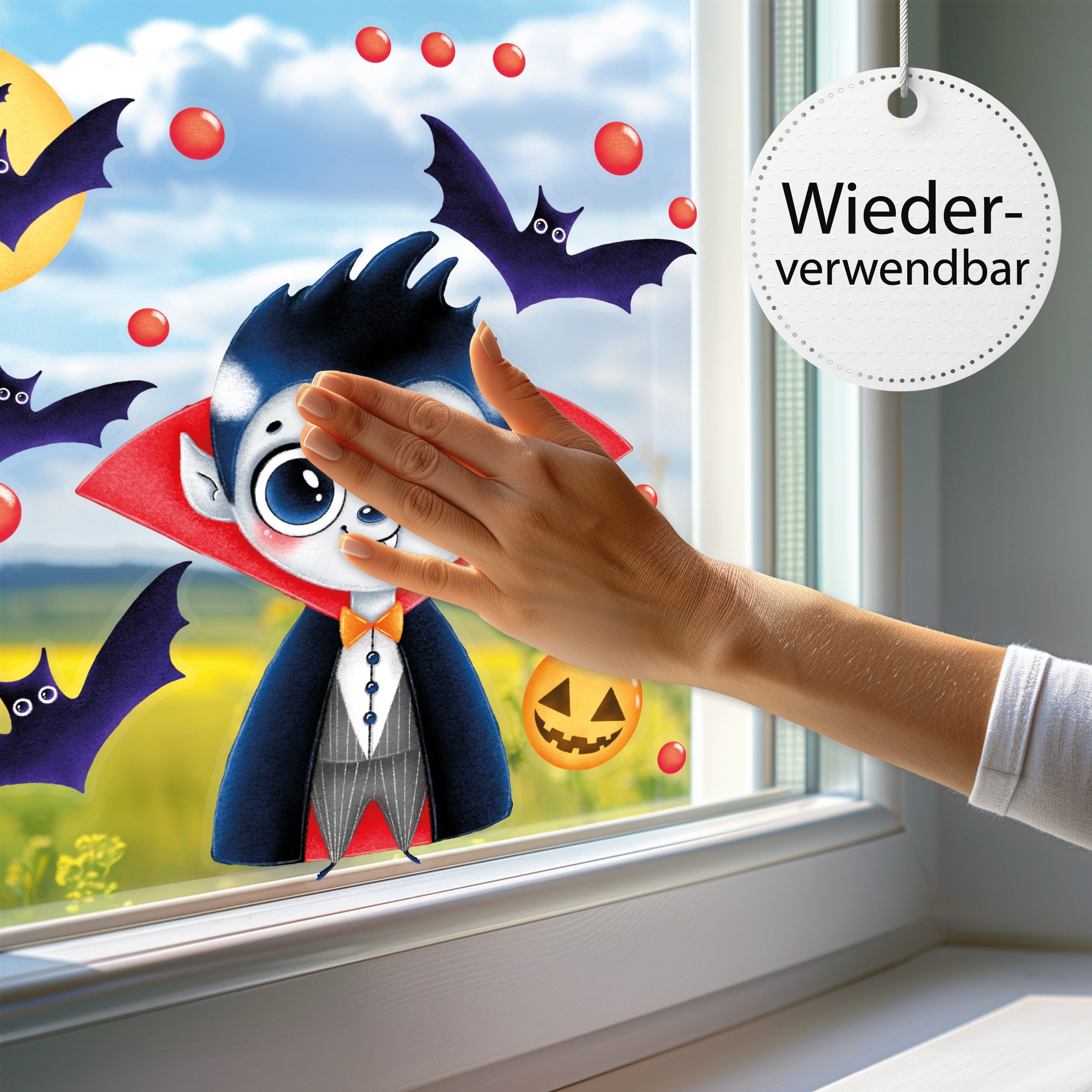 Sunnywall Fensterbild Fensterbild wiederverwendbare Fensterbilder Halloween Vampir Dracula, wiederverwendbar, statisch haftend, beidseitiger Druck