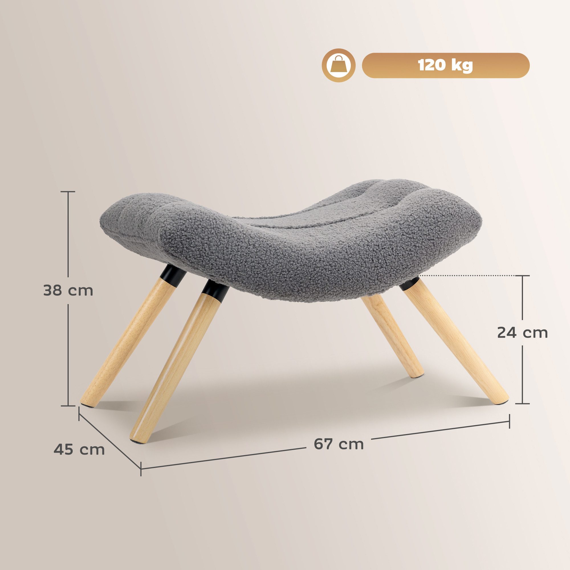 HOMCOM Fußhocker mit Berberfleece-Stoff, bis 120 kg belastbar (Sitzhocker, 1 St., Polsterhocker), für Wohnzimmer, Schlafzimmer, 67 x 45 x 38 cm, Dunkelgrau