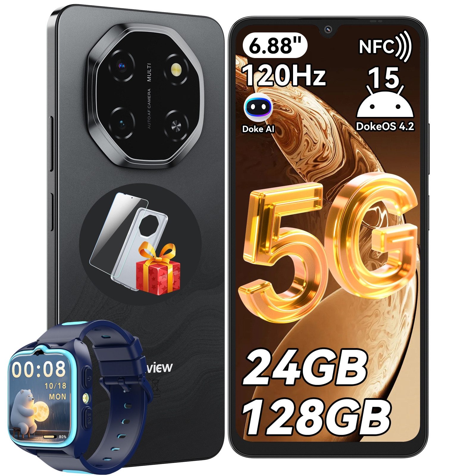 blackview Shark 6 5G,AI incl.Z30 Kinder Smartwatch Handy (6.88 Zoll, 128 GB Speicherplatz, 120Hz, Doke AI, 5000mAh,Unisoc T8100, Android 15)