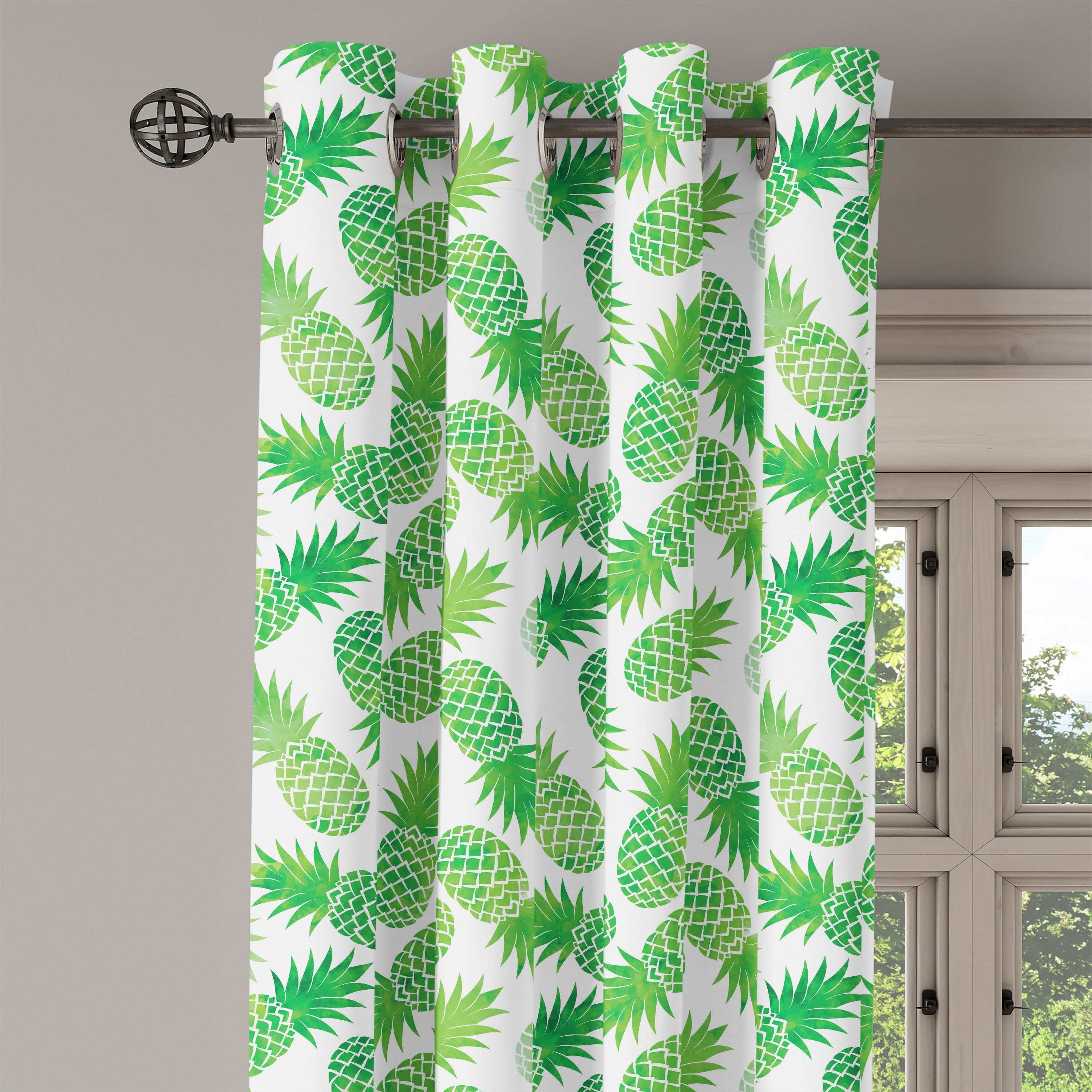 2-Panel-Fenstervorhänge Grün Exotische Dekorative für Schlafzimmer Wohnzimmer, Abakuhaus, Ananas-Muster Gardine