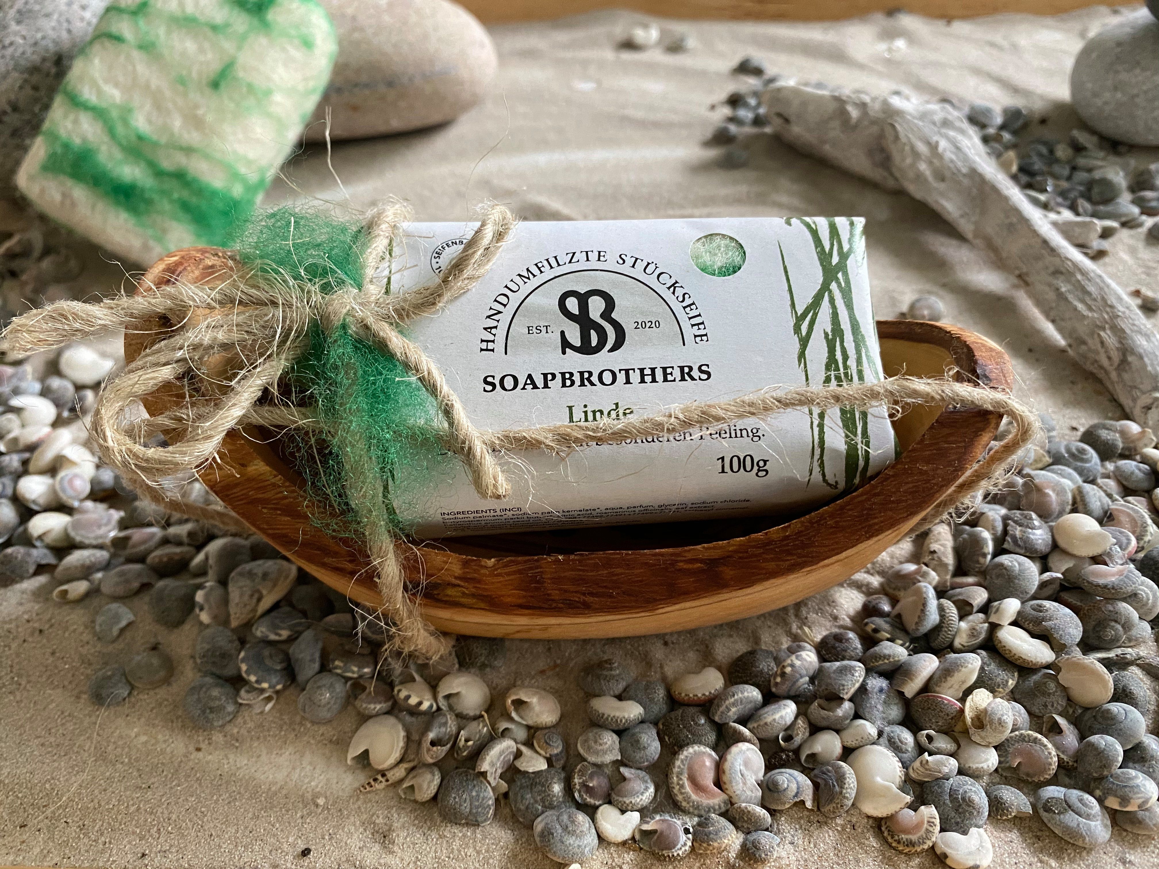 Soapbrothers Seifen-Set Geschenk-Box Naturkosmetik und Olivenholzseifenschale - Linde 100g - Handarbeit, 2-tlg., Naturkosmetik