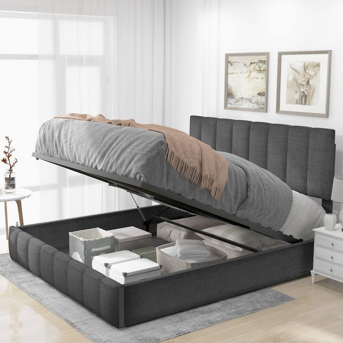 SOFTWEARY Polsterbett (Doppelbett mit Lattenrost und Bettkasten 140x200 cm) gepolsterter Kopfteil Bezug aus Leinen