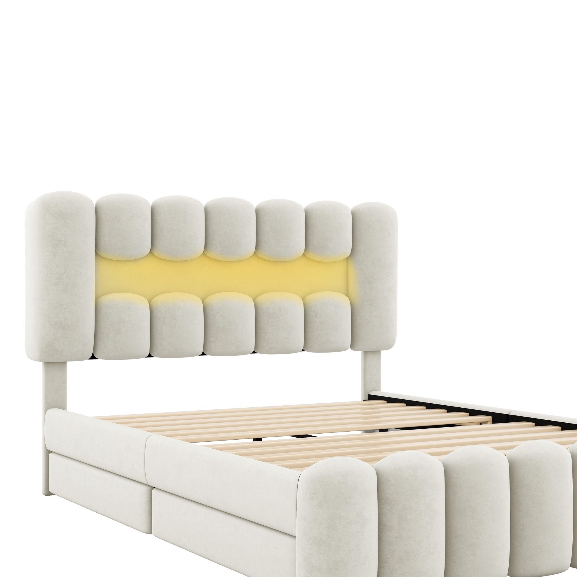 Merax Polsterbett, 140x200cm mit LED, USB und Lautsprecher, Doppelbett mit 4 Schubladen