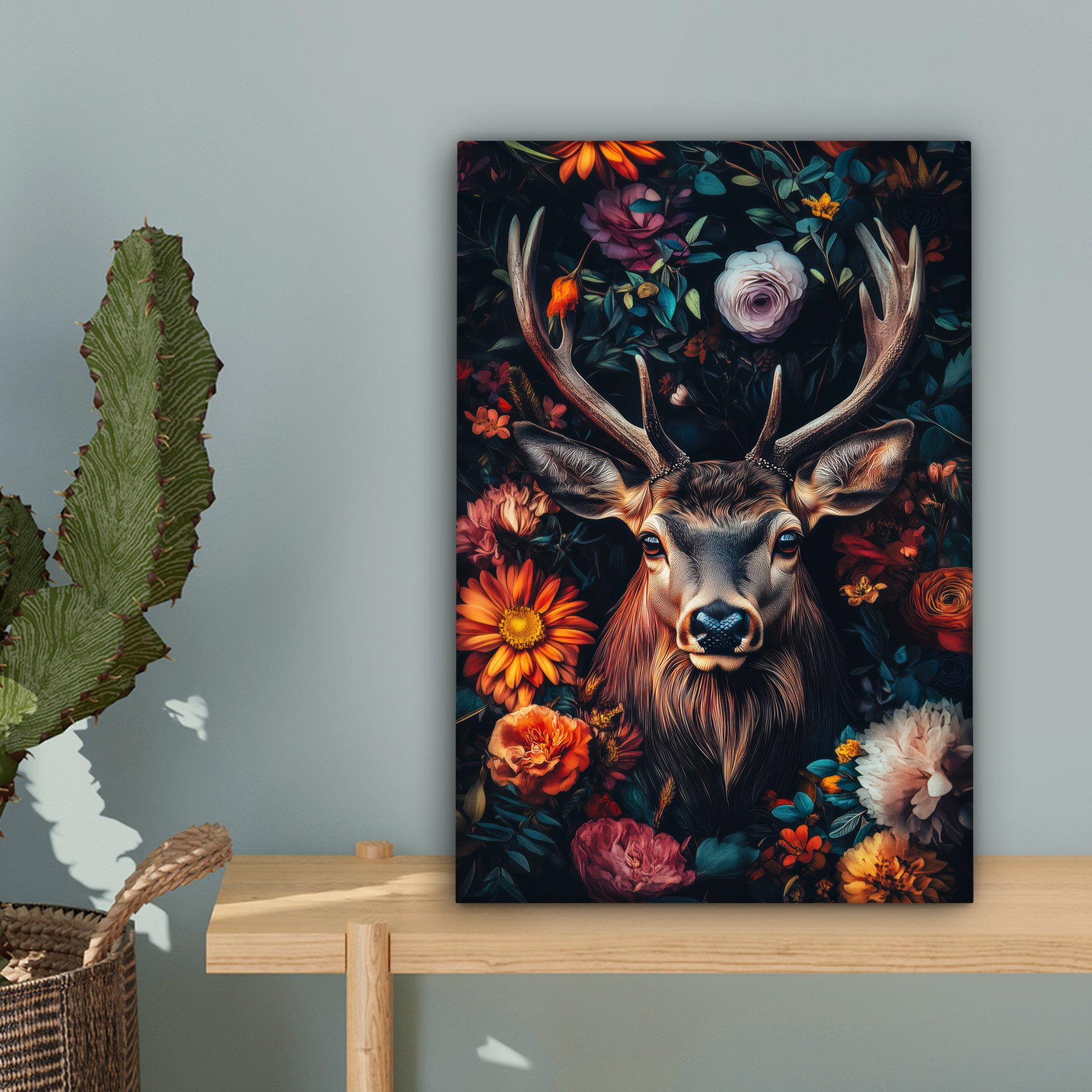 OneMillionCanvasses® Leinwandbild Hirsch - Tierporträt - Blumen - Natur - Hirschkopf, Fotodruck (1 St), Leinwand Canvas Wandbild, Wanddekoration 20x30 cm – Bild 5 von 5