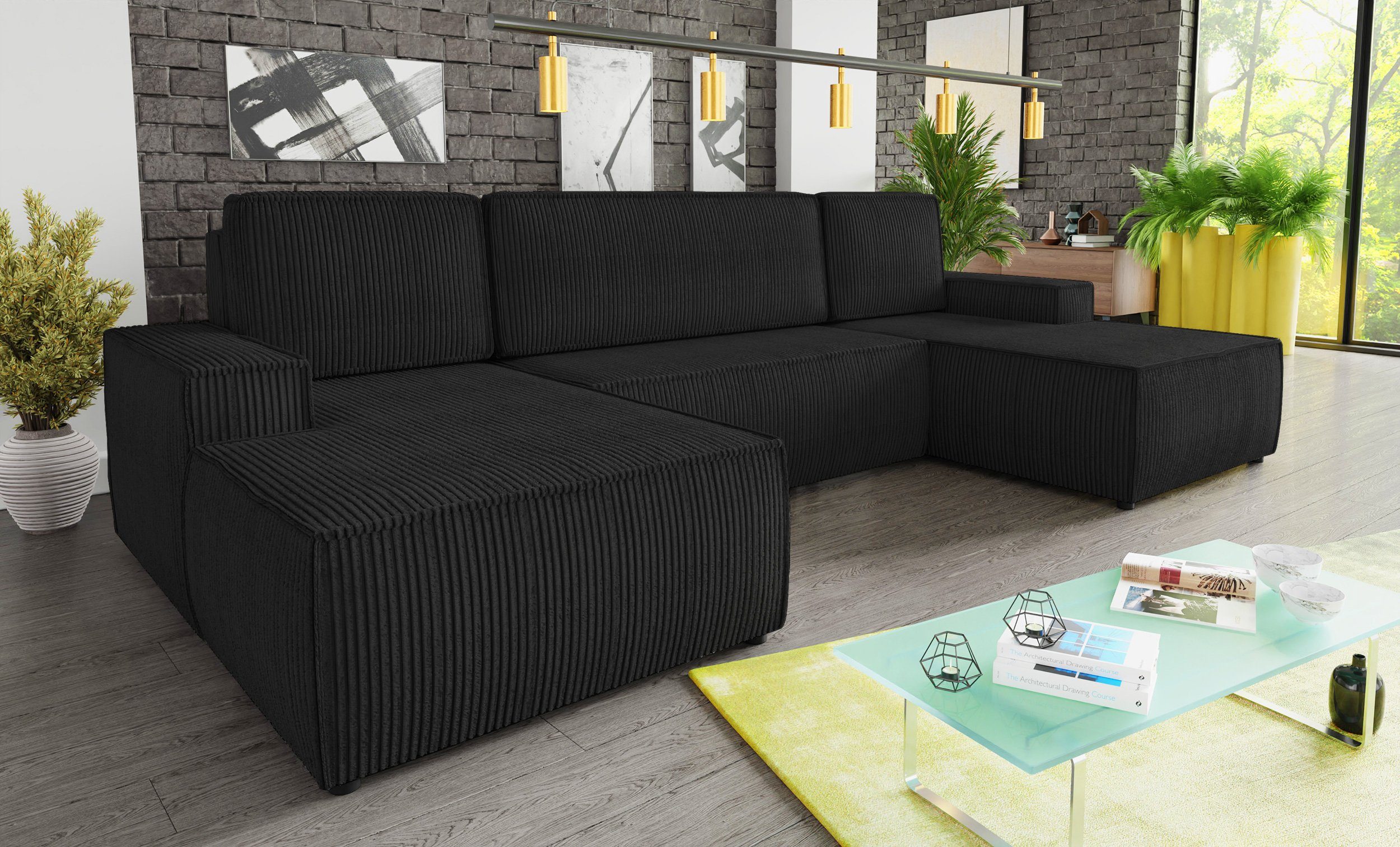 Sofnet Wohnlandschaft Totti U, mit Schlaffunktion und Bettkasten, U-Form Couch, Cord Stoff, Schlafsofa mit Wellenfeder Poso 135