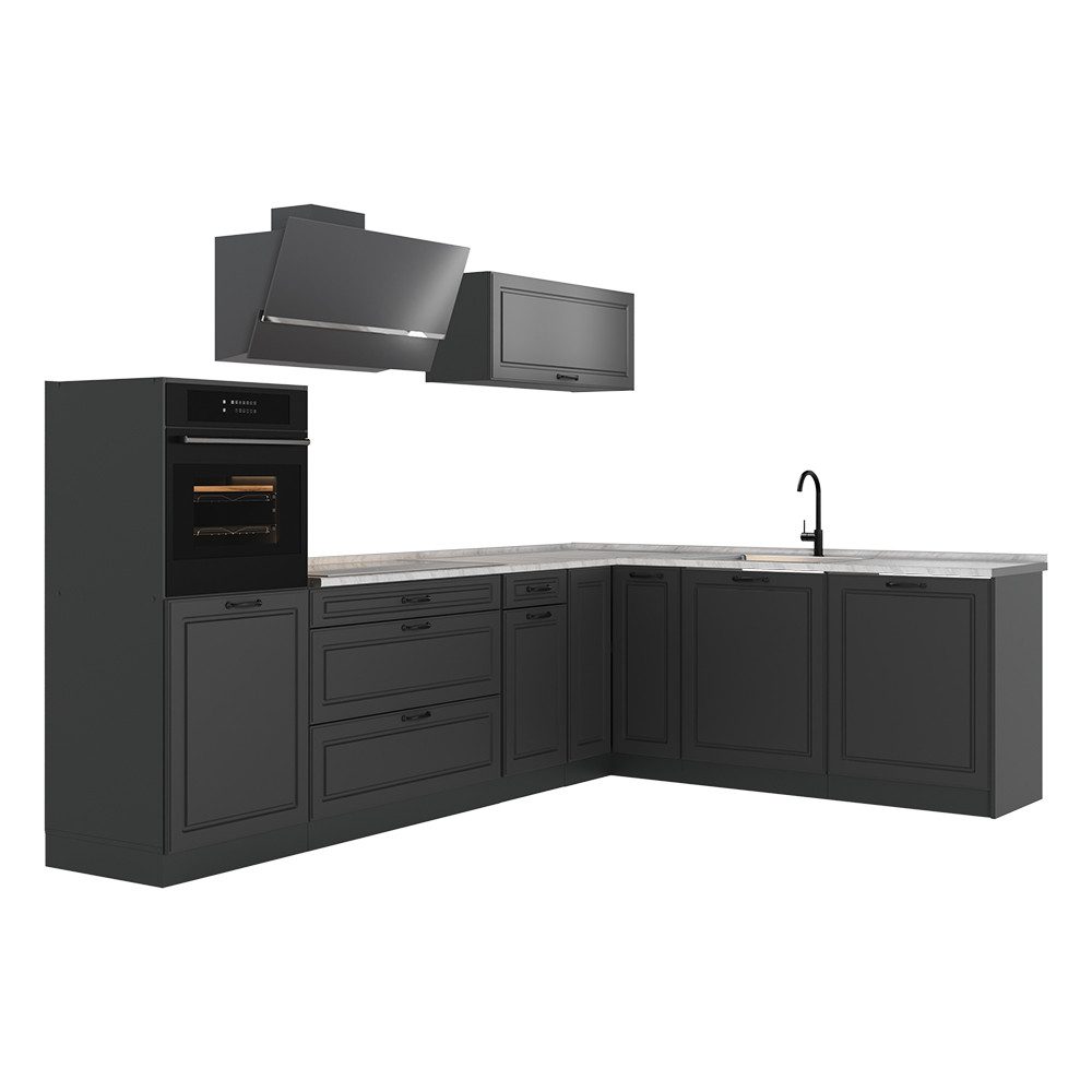 Vicco Winkelküche R-Line, Anthrazit Landhaus/Anthrazit, 287 x cm Arbeitsplatte Marmor